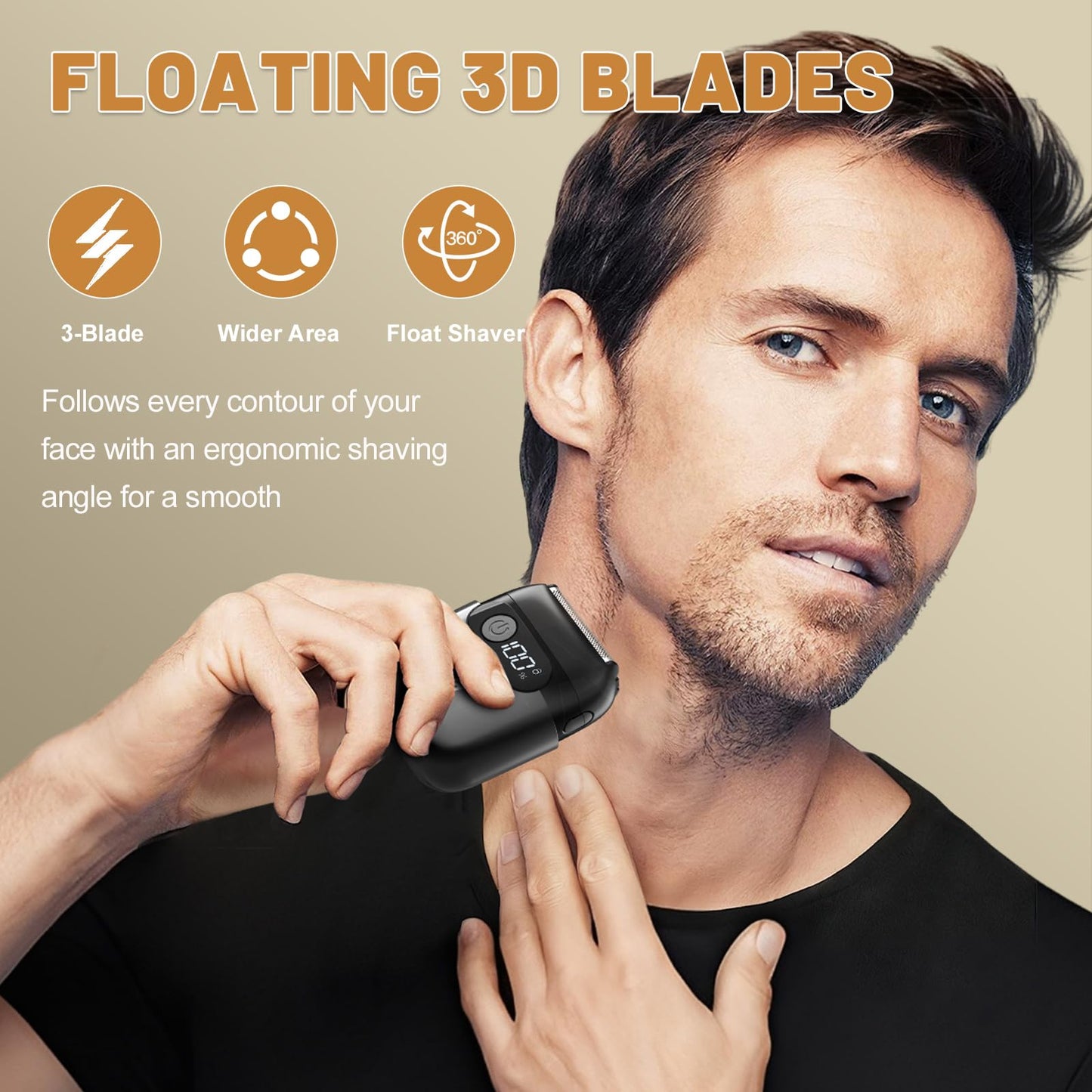 Electric Foil Shavers for Men, Upgraded Mini Electric Razor with 3 Floating Blades, LED Display, USB-C Fast Rechargeable, Portable Electric Shavers for Beard/Face (Black)