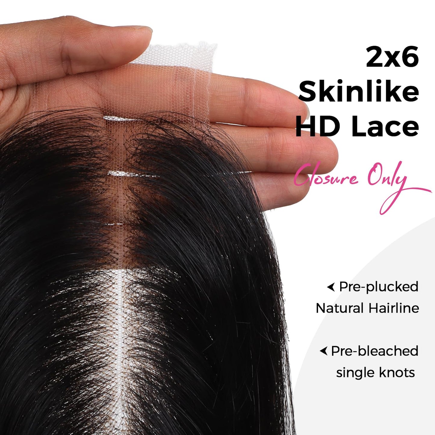 Lashey 2x6 SKINLIKE HD Lace Closure Human Hair Straight, 0.10mm Ultra-Thin Invisible HD Lace, Pre-Bleached Knots and Pre-Plucked Hairline 14 Inch Natural Black