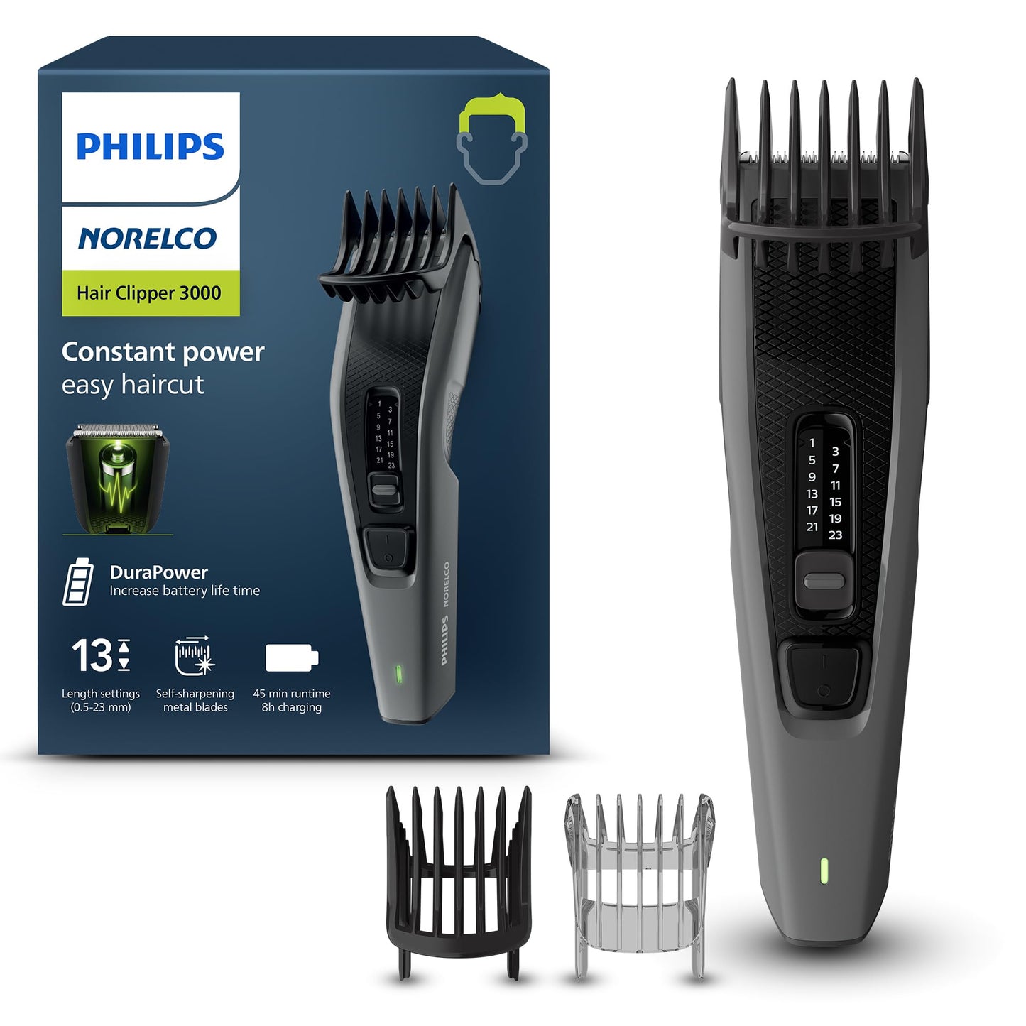 Norelco Philips Hair Clipper 3000 Series, Hair and Beard Trimmer, Trim-and-Flow Technology, DualCut Technology, DuraPower, 13 Length Settings, 45 Min. Runtime, Zero Maintenance, Model HC3525/40