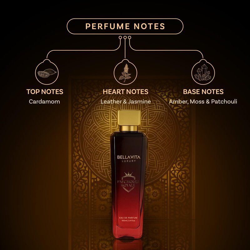 Bella Vita Luxury PATCHOULI ROYALE Men's Fragrance | EDP Perfume for Men | 100 ml pack | 3.4 Fl. Oz. | Sandalwood, Leather and Oriental notes | Gift for Men | Eau de Parfum