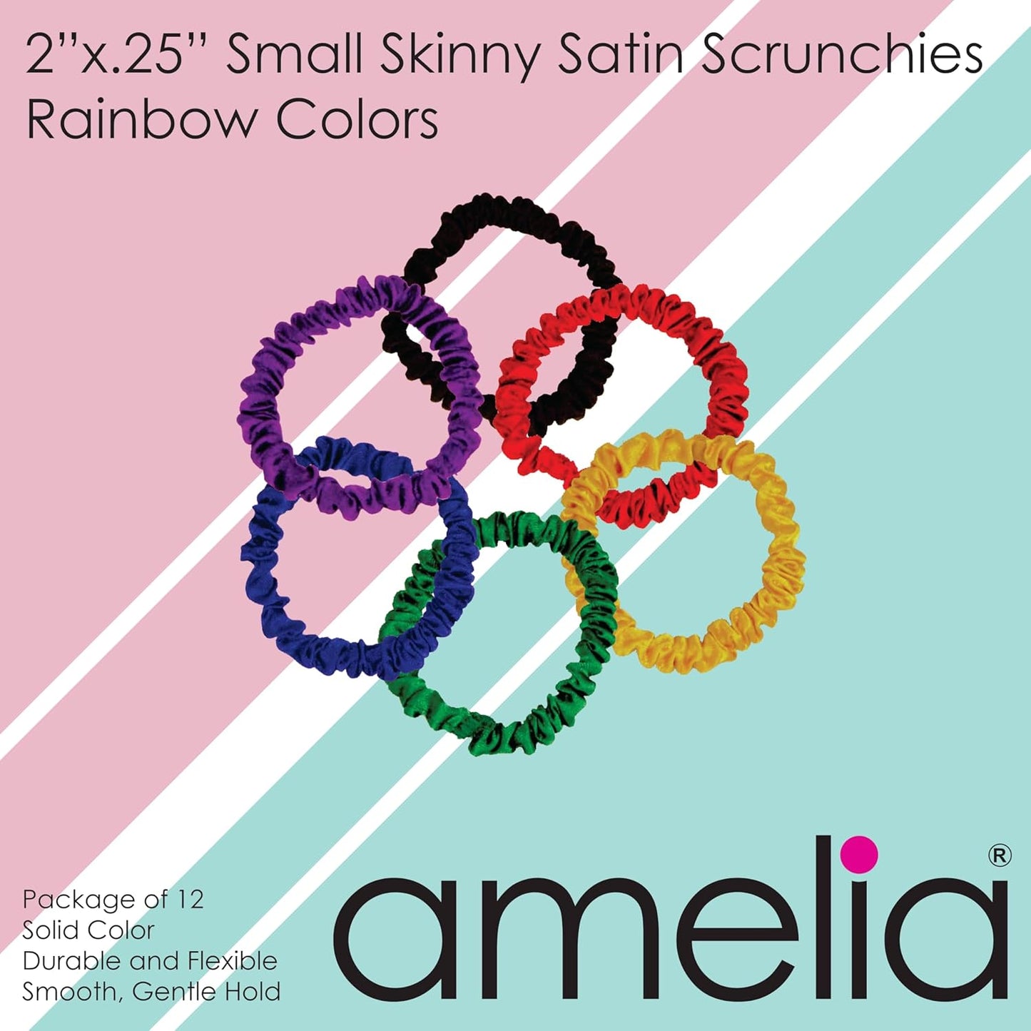 Amelia Beauty, Black, Skinny Satin Scrunchies, 12 Pack – 2in Diameter, Gentle & Strong Hold, No-Snag, No-Dent, Crease-Free Hair Ties