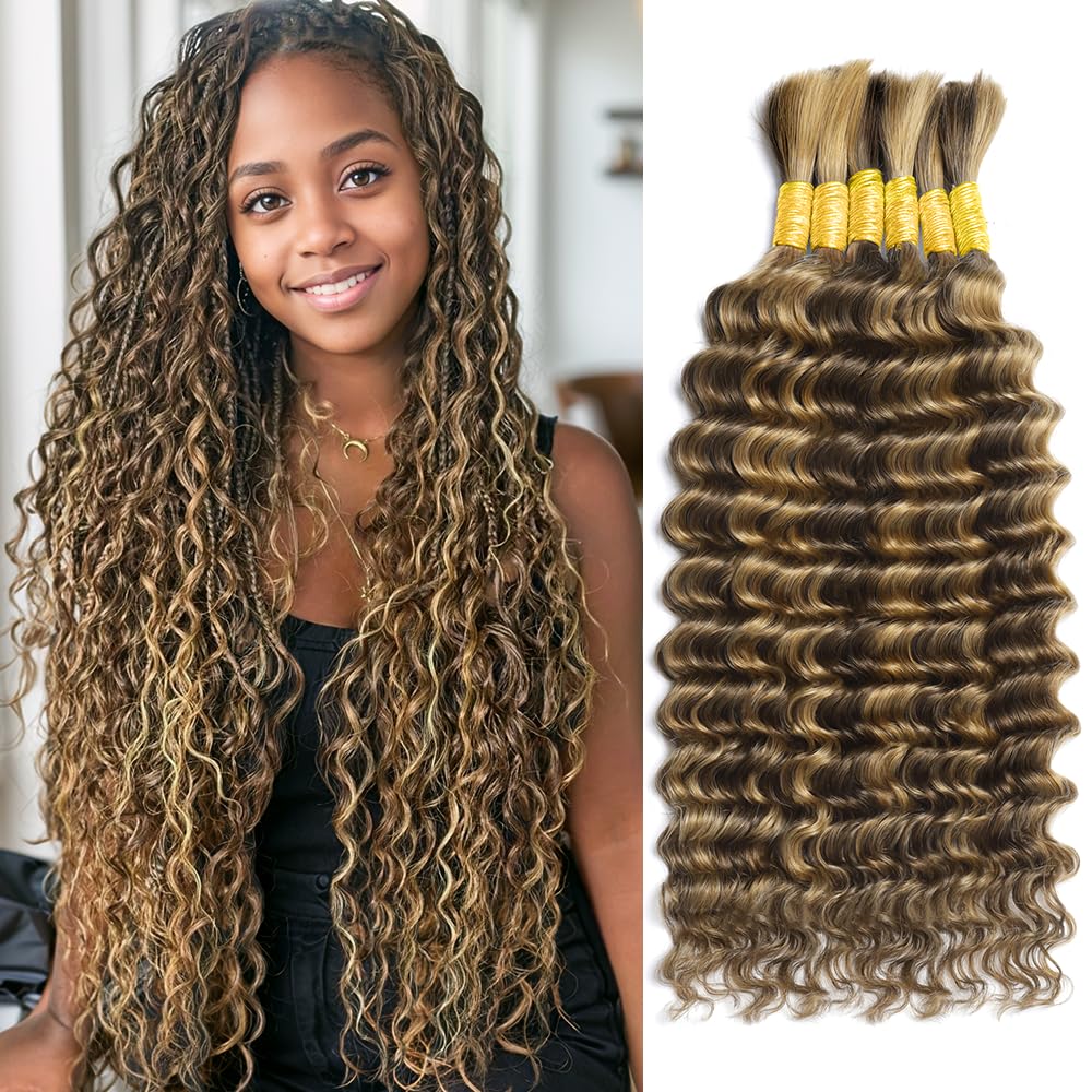 Ombre Braiding Hair - 6 Bundles 150g 14 Inch Deep Wave Human Hair Extensions | Virgin Curly 4/27