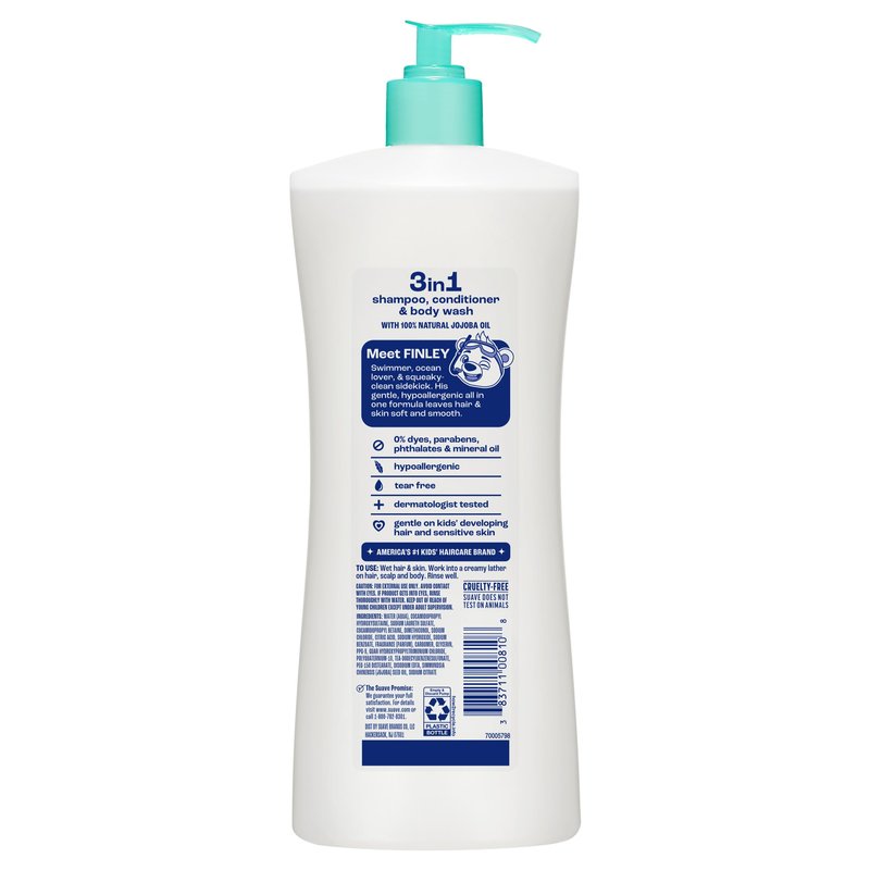 Suave Kids Purely Fun 3 in 1 Shampoo, Conditioner & Body Wash, Original Clean Scent, Hypoallergenic, Tear-Free Formula, Dermatologist Tested, 4 Count, 28 FL OZ