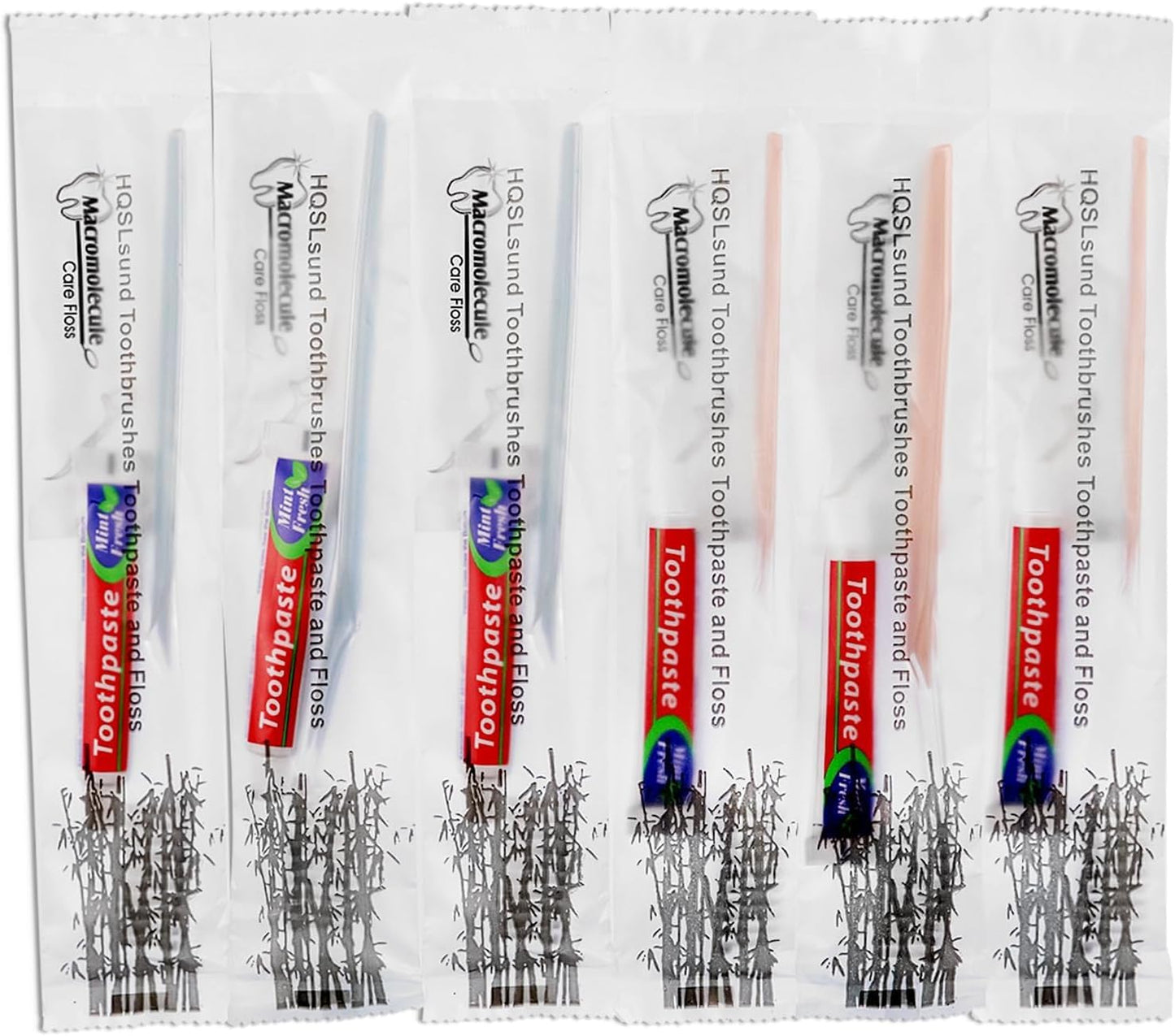 HQSLsund 100 Pack Disposable Toothbrushes with Toothpaste Floss Individually Wrapped, 2 Color Toothbrush,10g Toothpaste,Floss Pick,Bulk Toothbrush Kit for Homeless,Airbnb,Hotel,Guest