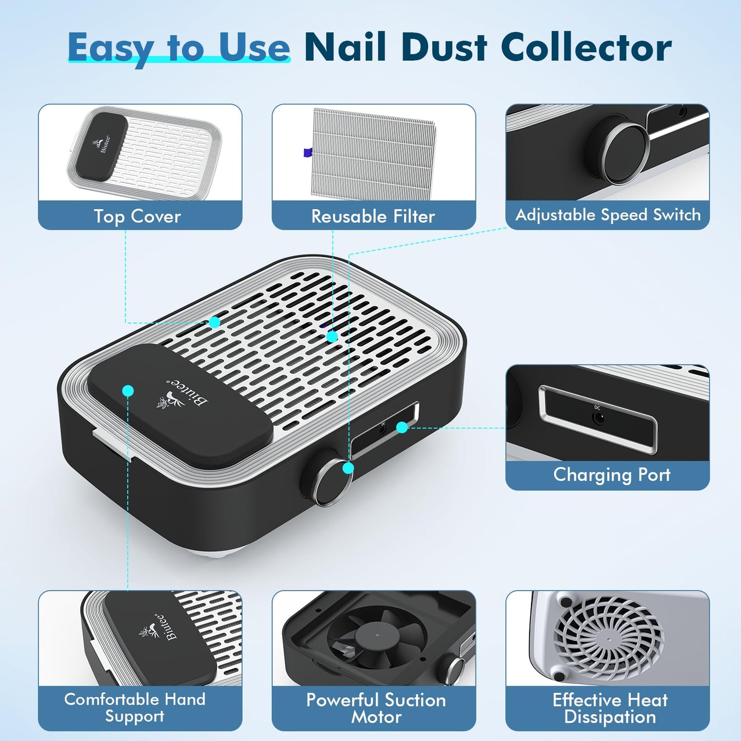 Rechargeable Nail Dust Collector, 80W Powerful Dust Suction Machine Vacuum Nail Fan Dust Collector with Adjustable Suction for Nail Salons & DIY Home