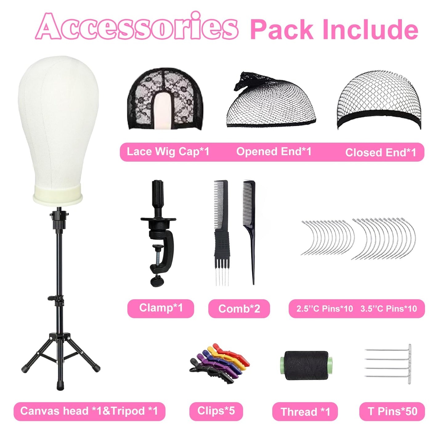 Firstwon 22 Inch Wig Head Mannequin Head for Wigs, Wig Stand with Head for Hair Styling Practice Display Wigs Making Tripod Stand with T Pins Set