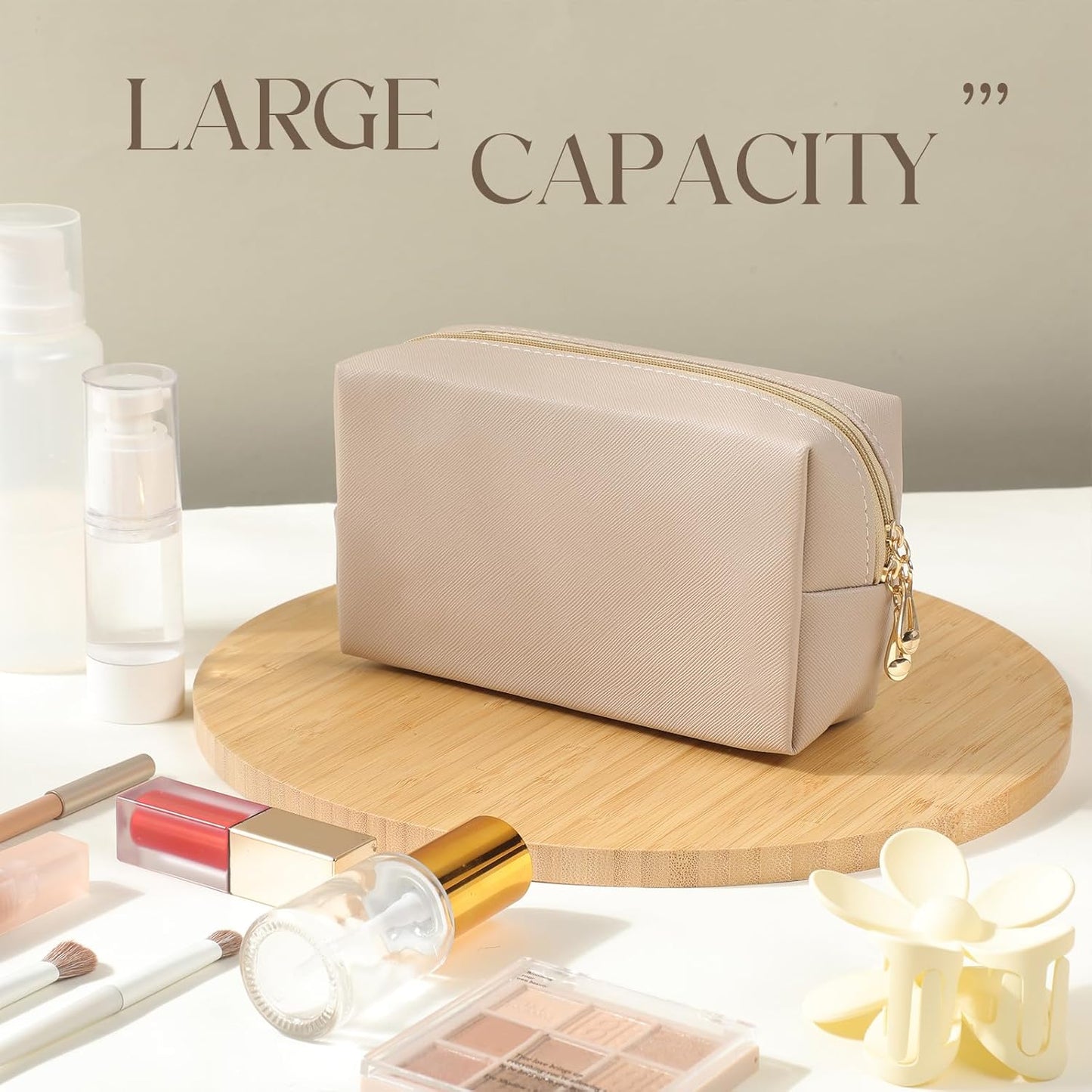 Aesthetic Makeup Bags - PU Leather Waterproof Cosmetic Pouches for Women | Travel Organizer (Nude, 7.1 x 2.8 x 4.3 in)
