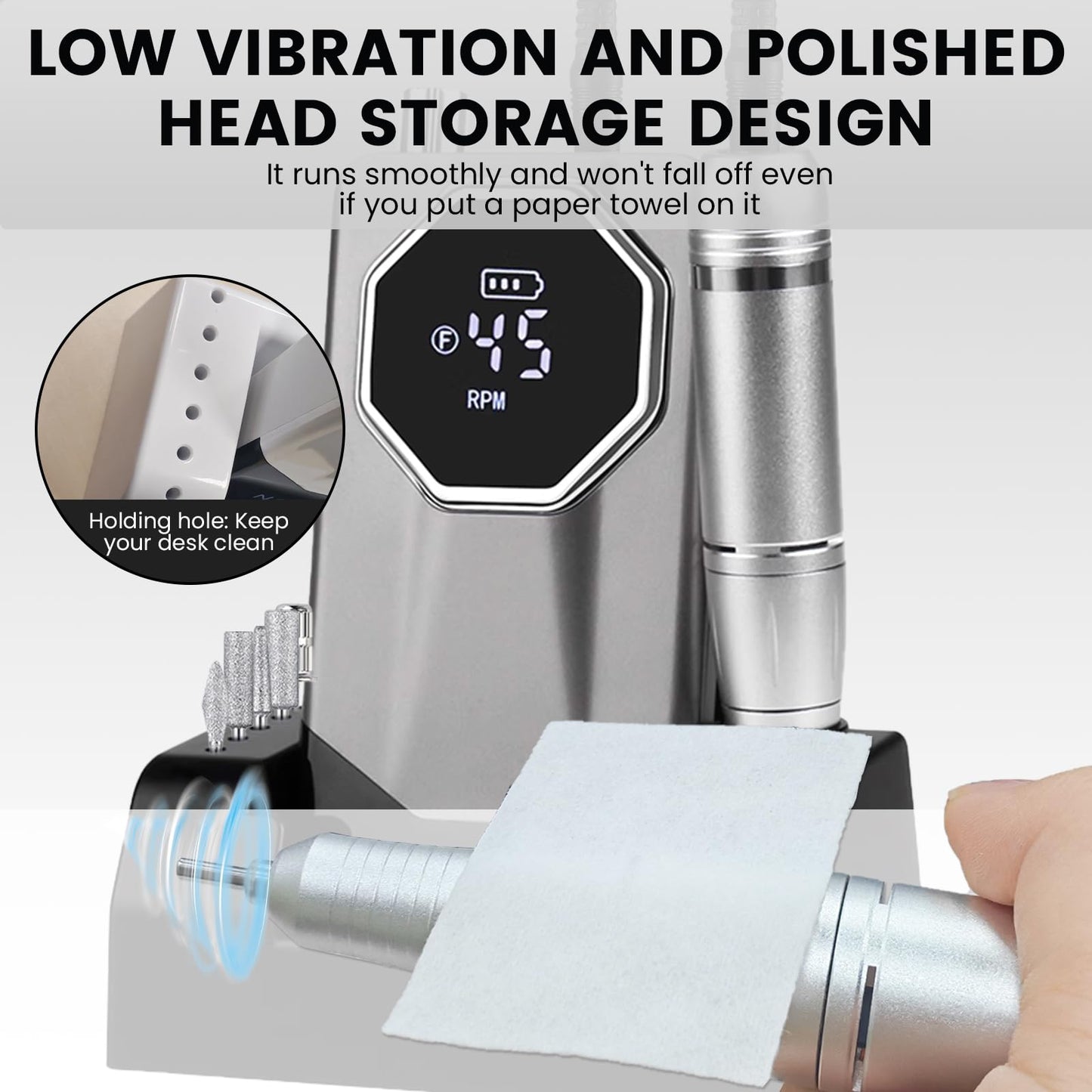 ESUOHYM 45000RPM Professional Cordless Portable Nail Drill Cordless Low Noise Nail Filer Electric Machine with Efile Bits & Base for Acrylic Nails, Nail Buffer Machine for Salon Home (Grey)