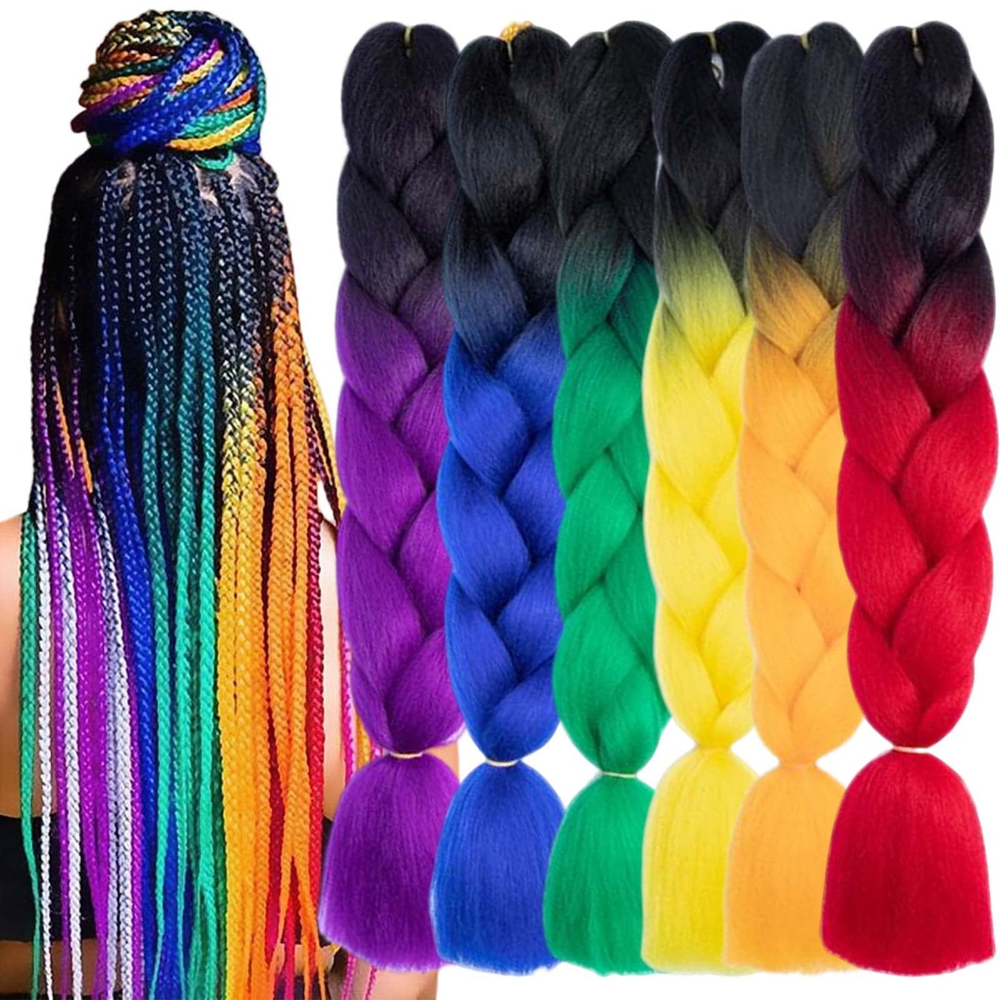TENGSHUO FLY Rainbow Braiding Hair Extensions 6 Packs/24 Inch Synthetic Jumbo Ombre Box Braiding Hair for Women(in Black, Yellow, Orange, Green, Red, Purple, Blue) (24" 6 Pack)