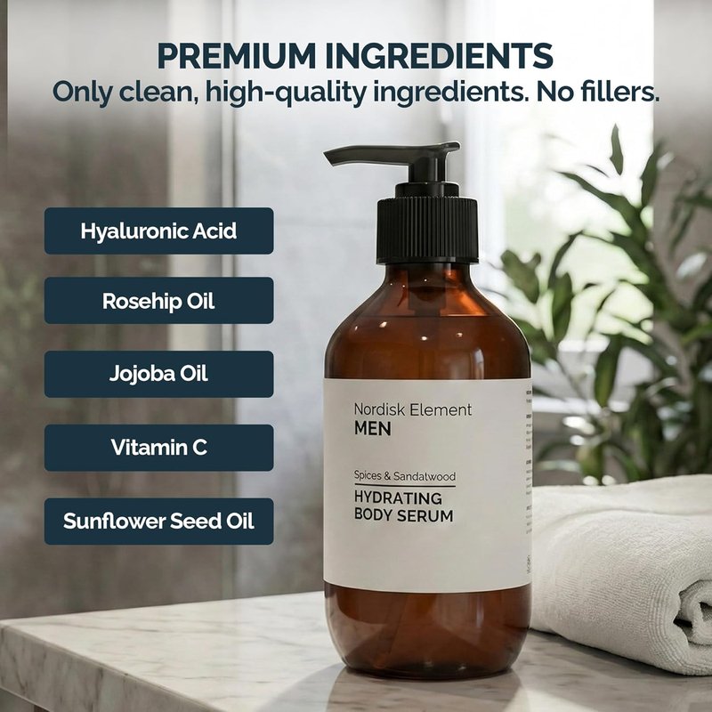 Nordisk Element Body Serum for Men - Lightweight Hydrating Serum with Hyaluronic Acid & Antioxidants | 9.13 Fl Oz, Vegan, Sandalwood Scent