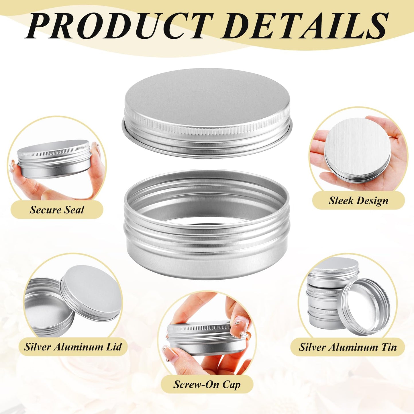 Bgtecho 60 Pack Aluminum Tin Cans, 2oz Metal Tins with Screw Lid, Aluminum Tin Jars, Round Tin Containers, Empty Metal Storage Tins, Small Tins for Lip Balm Cosmetic Lotion Bars Salve Spices Candles