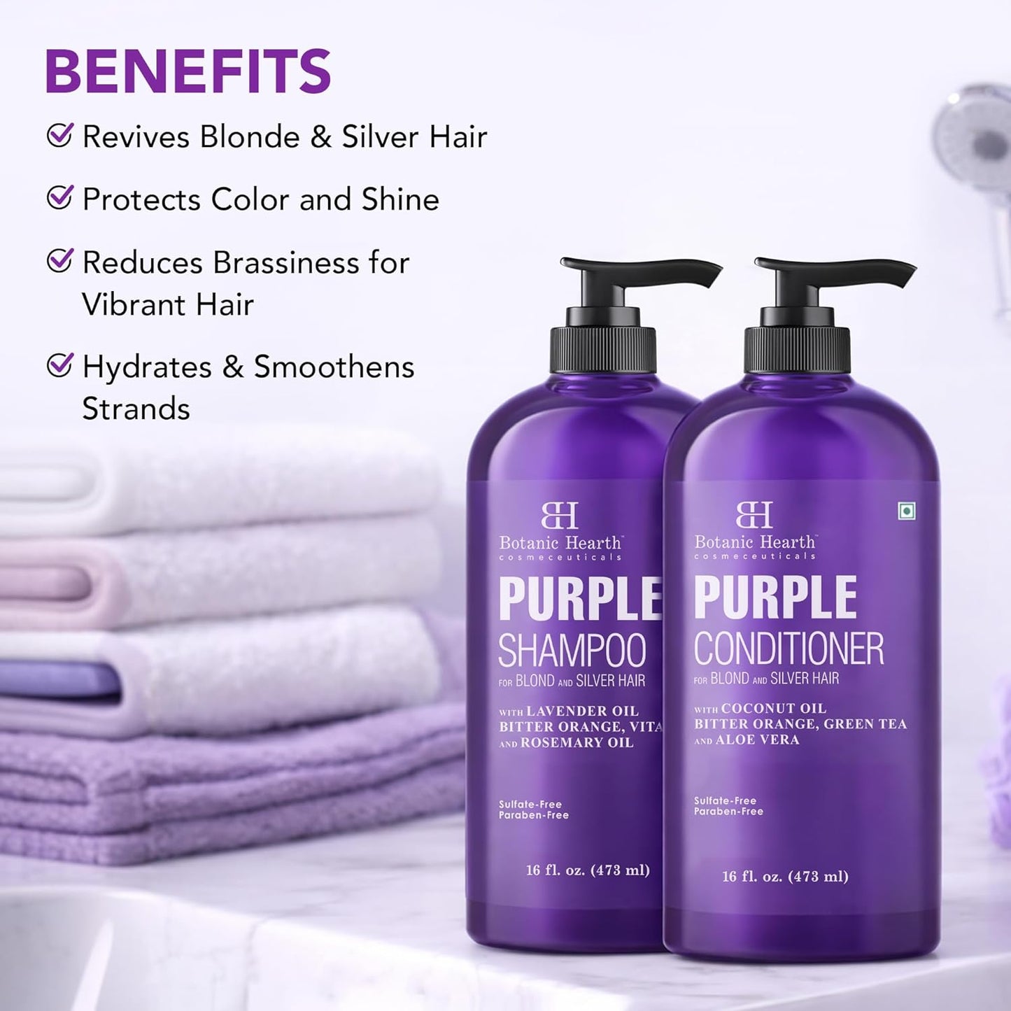 Botanic Hearth Purple Shampoo & Conditioner Set - Enhances Blonde, Silver & Gray Hair | Sulfate & Paraben Free, 16 Fl Oz Each