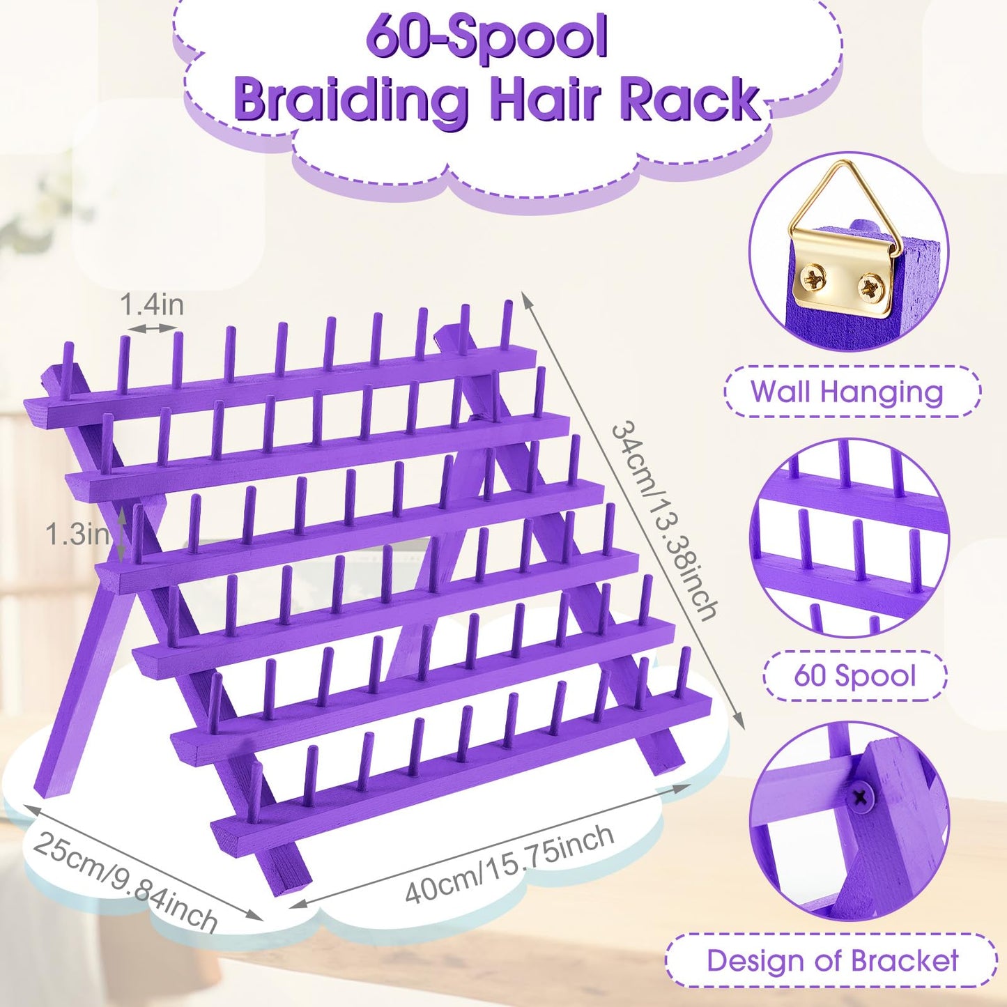 Juexica 19 Pieces Braiding Hair Rack Braid Hair Extension Tools Utensils Include Braiding Stand, 10 Parting Comb Ring, 5 Sectioning Clips, 2 Rat Tail Comb and Magnetic Pin Wristband(Purple)