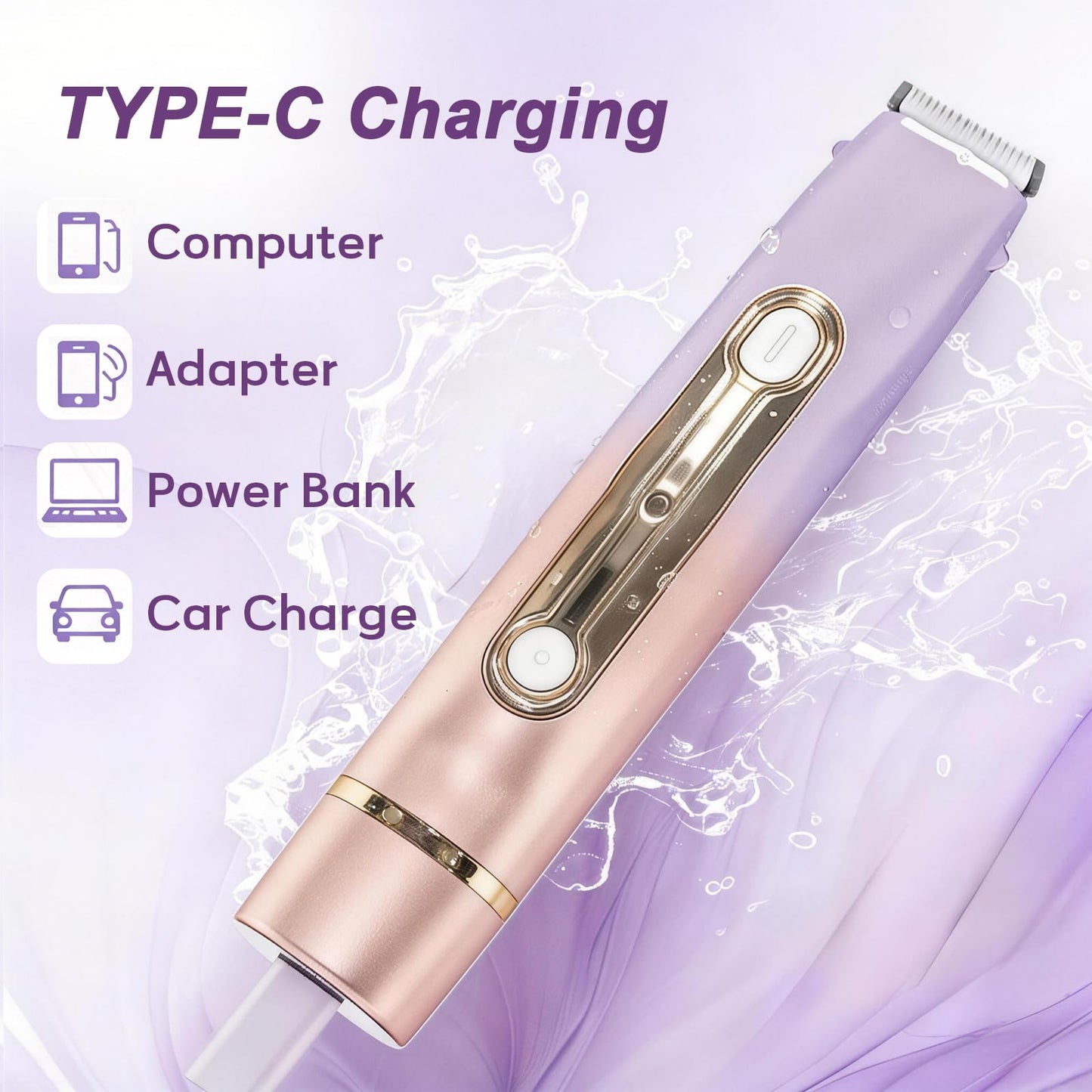 Bikini Trimmer for Women, 2-in-1 Waterproof & Cordless Dual Head Electric Razors, Painless Electric Shaver for Women, Wet/Dry Lady Shaver for Bikini Line, Face, Underarm & Legs,Purple