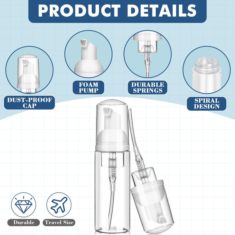 100 Pcs 2 oz Plastic Foam Pump Bottle Refillable 60ml Travel Mousse Foaming Soap Dispenser Mini Eyelash Cleaning Foam Bottle Dispenser for Face Wash Lash Shampoo Skin Care