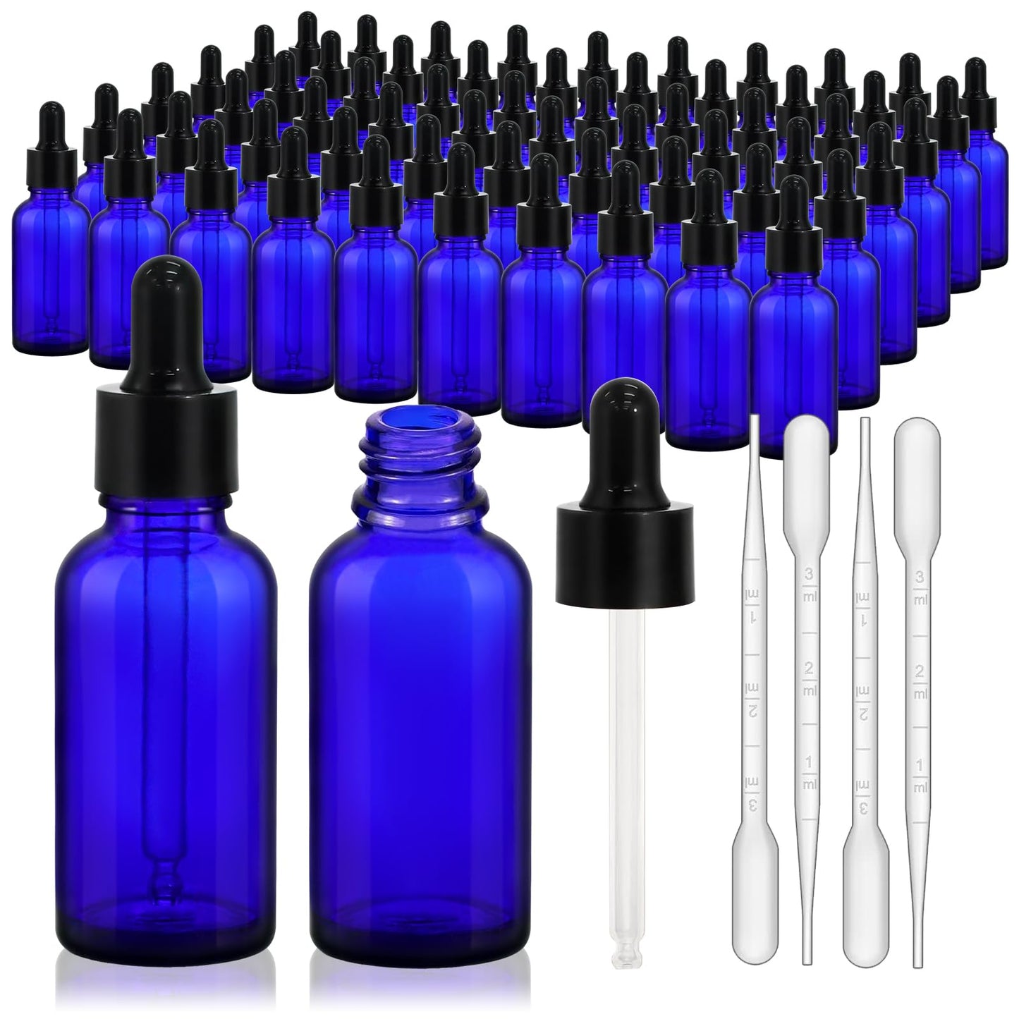 KEYWING 60 Pack 1oz Eye Dropper Bottles – 30ml Leakproof Blue Glass Bottles for Essential Oils, Tinctures, Hair Oil, Travel Liquids