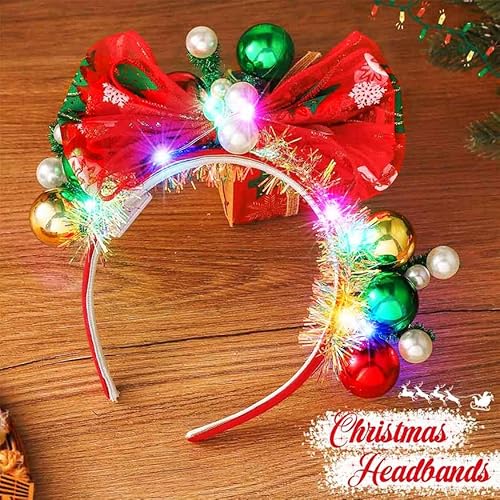 Latious Light Up Christmas Balls Headband LED Xmas Bow HairBand Glow Santa Bowknot Hair Hoop Holiday Costume Hair Accessories for Women and Girls