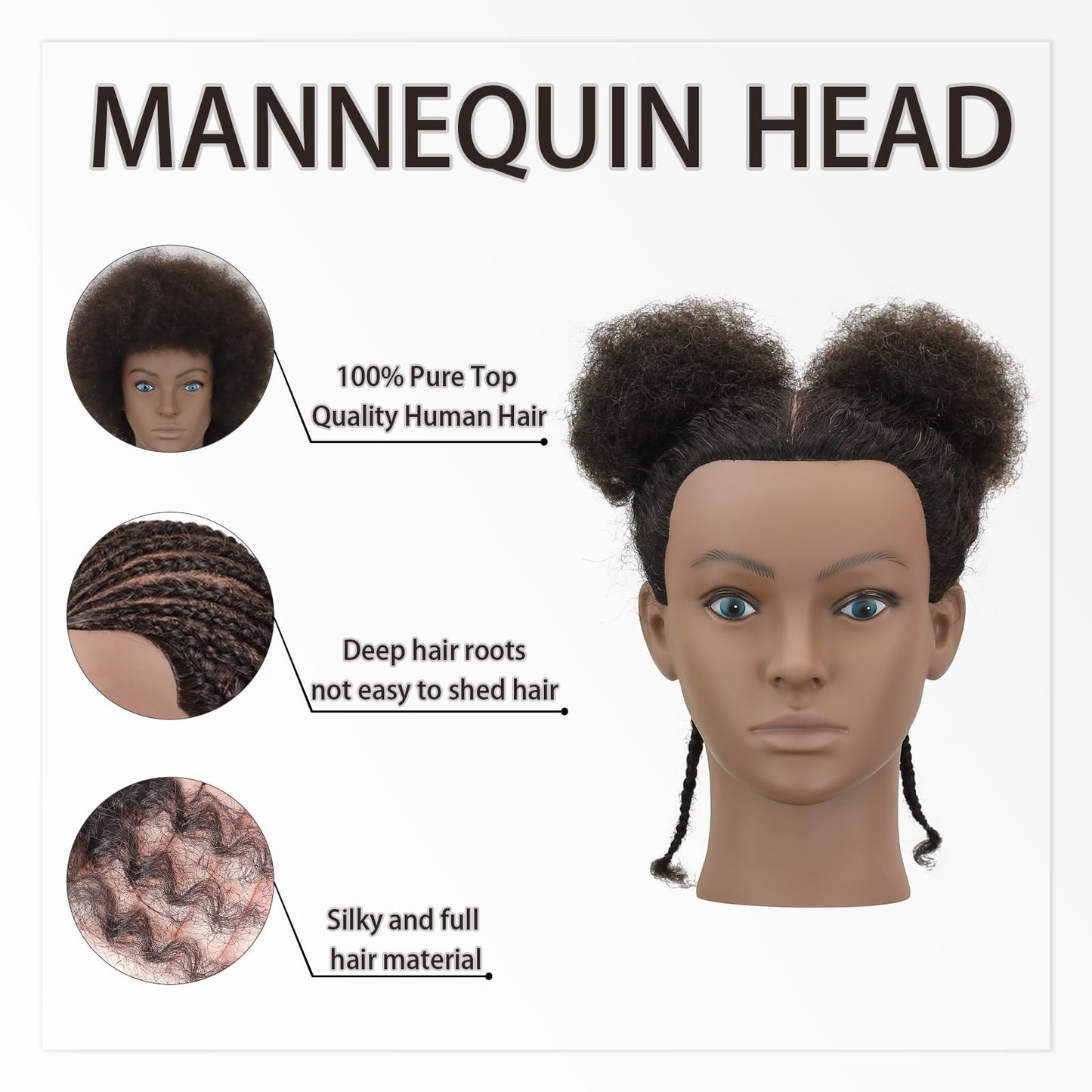 Sirydtm Afro Kinky Curly Mannequin Head - 100% Human Hair for Braiding, Styling & Cutting - Salon Training Head with Stand for Coloring, Bleaching & Updos