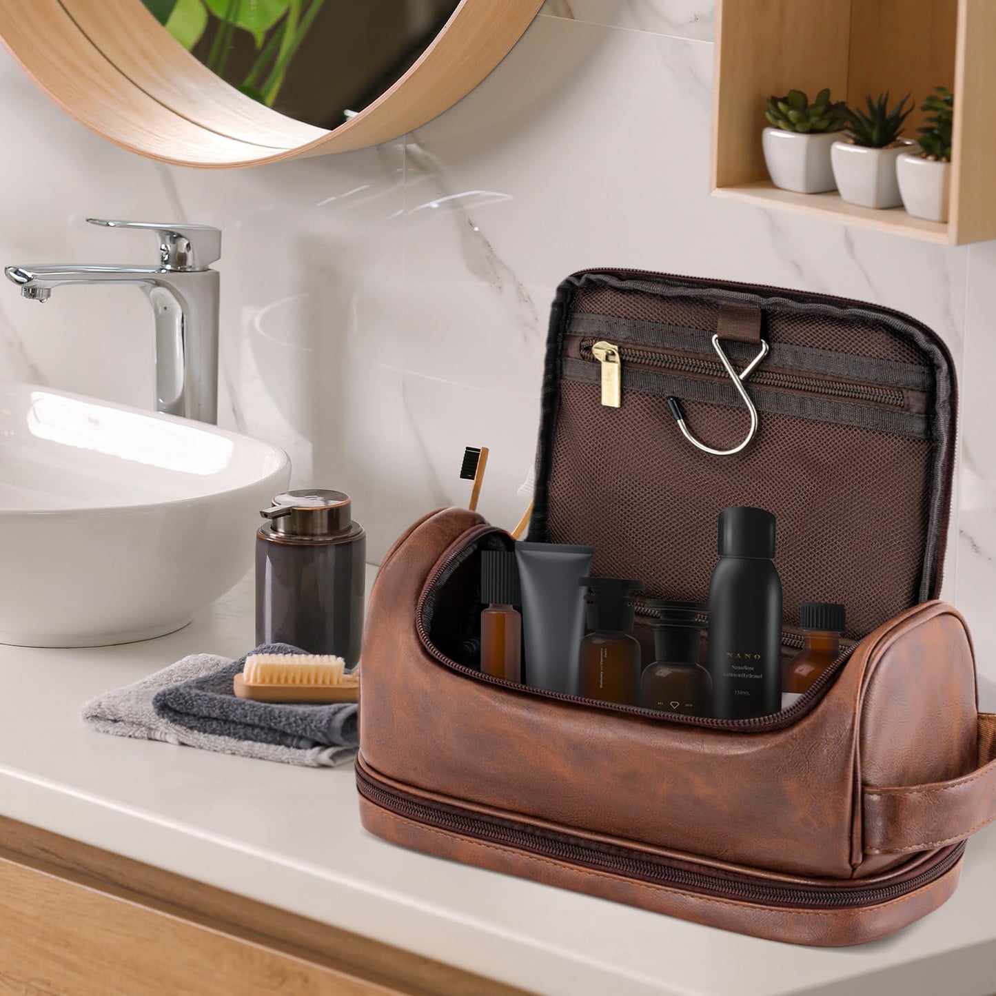 Aganmi Travel Essentials Accessories Initial Letter Hanging Toiletry Bag for Men, Personalized PU Leather Waterproof Travel Size Toiletries Storage Organizer Shaving Bag for Men, Reddish Brown R