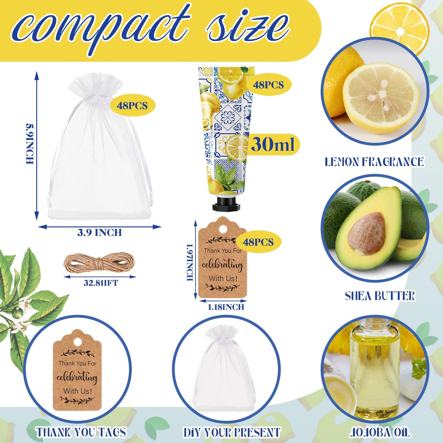 Dansib 48 Sets /144 Pcs Baby Shower Hand Cream Gift Party Favors for Guests Gift Bridal Wedding Thank You Gifts Bulk Mini Travel Size Hand Lotion Set for Guests(Lemon)