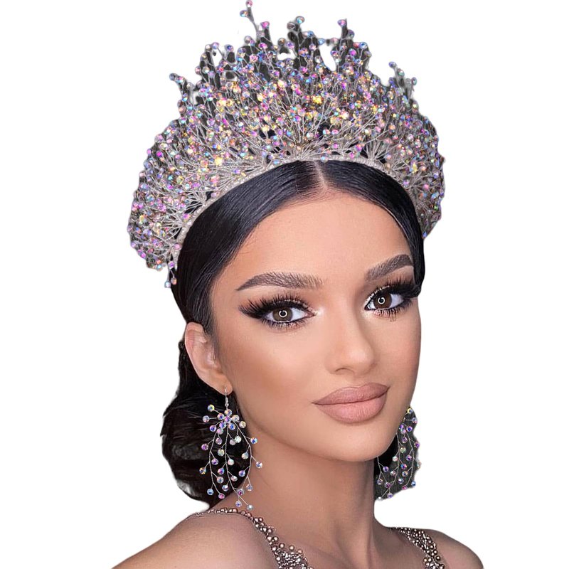 Bridal Rhinestone Crown Hair Accessories, Colorful Rhinestone Hair Bands, Women's Wedding Tiara Set (Multi-color Crown + Necklace + Earrings) HP193-M-SET