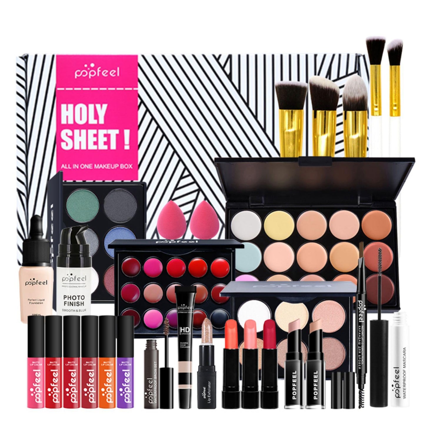 Pure Vie All-in-One Holiday Gift Surprise Makeup Set Essential Starter Bundle Include Eyeshadow Palette Lipstick Concealer Blush Mascara Eyeliner Face Powder Lipgloss Brush - Full Makeup Kit for Women