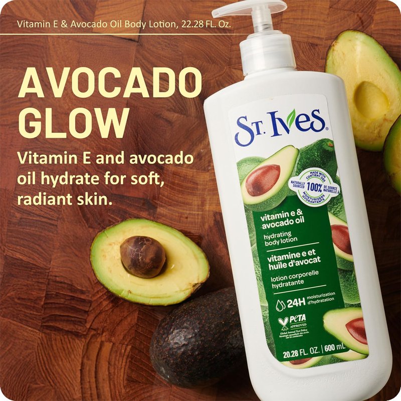 St. Ives Hand & Body Lotion, Hydrating Vitamin E & Avocado Oil 4-Pack – 24H Moisturizer for Dry Skin, 20.28 Oz Ea