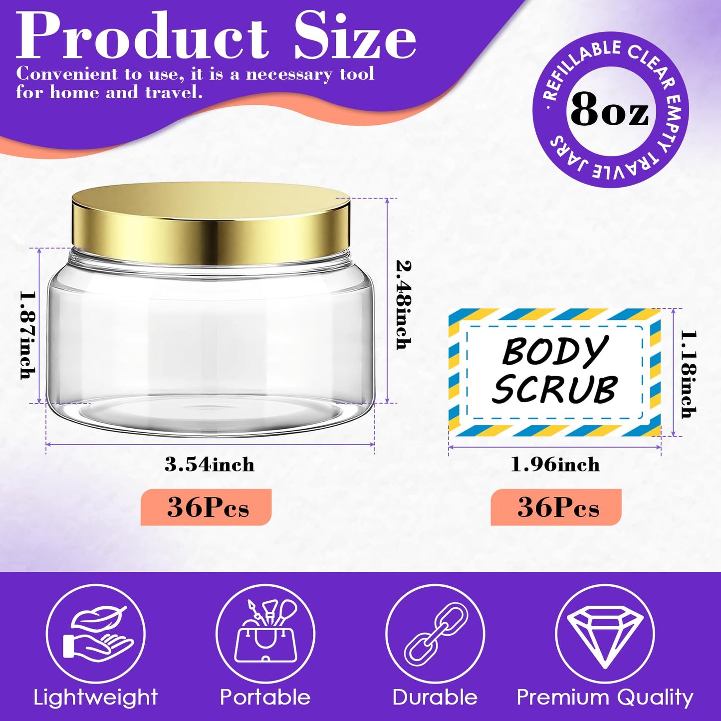 36 Pack 8 oz Plastic Cosmetic Containers With Lids Refillable Clear Empty Travle Jars Containers for Body Butter,Sugar Scrubs,Cream,Lotions,Candy, Waterproof Label&Spatulas - (White Lid)