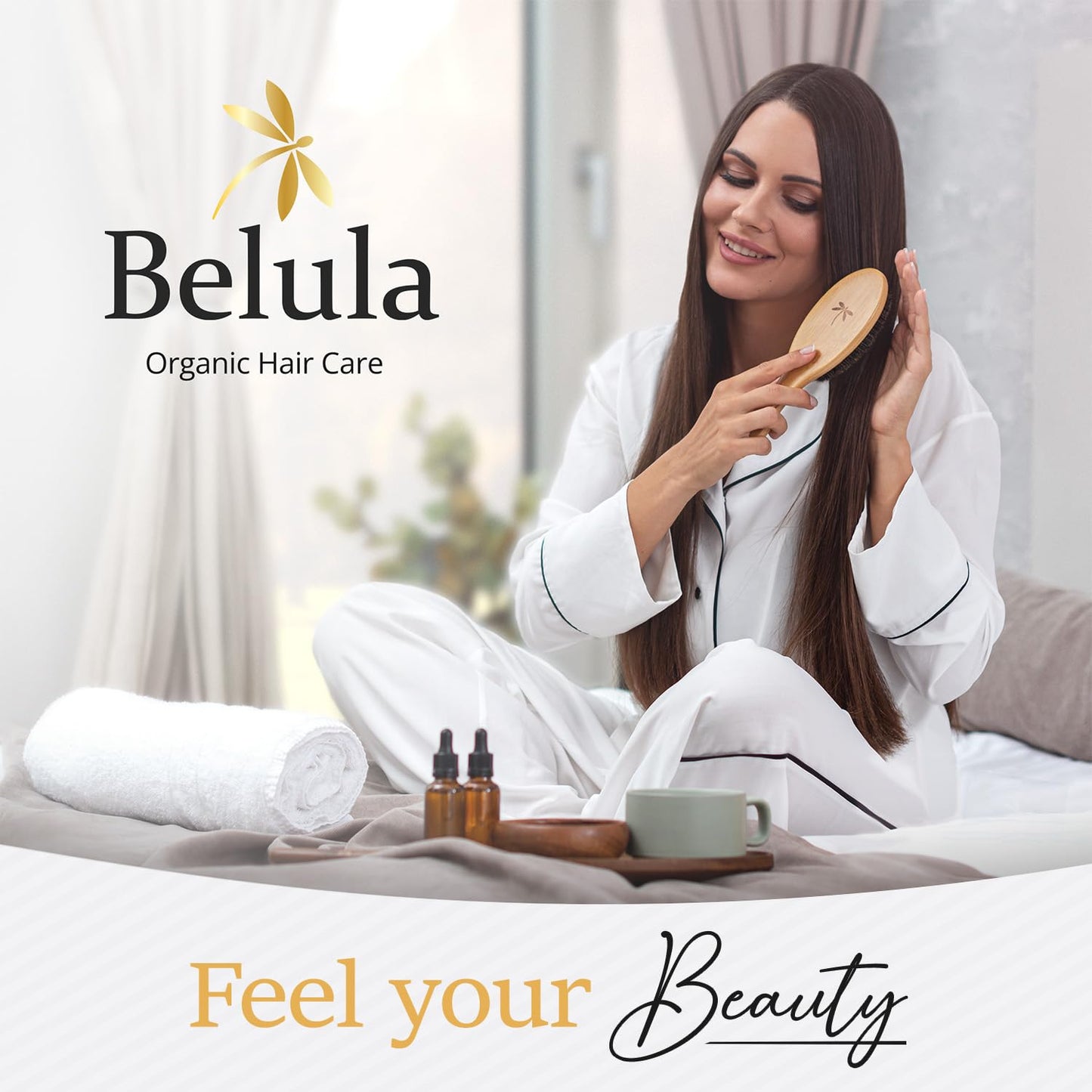 100% Boar Bristle Hair Brush for Women Set by Belula (L Size). Soft Natural Bristles for Thin and Fine Hair. Wooden Comb, Travel Bag and Spa Headband Included!