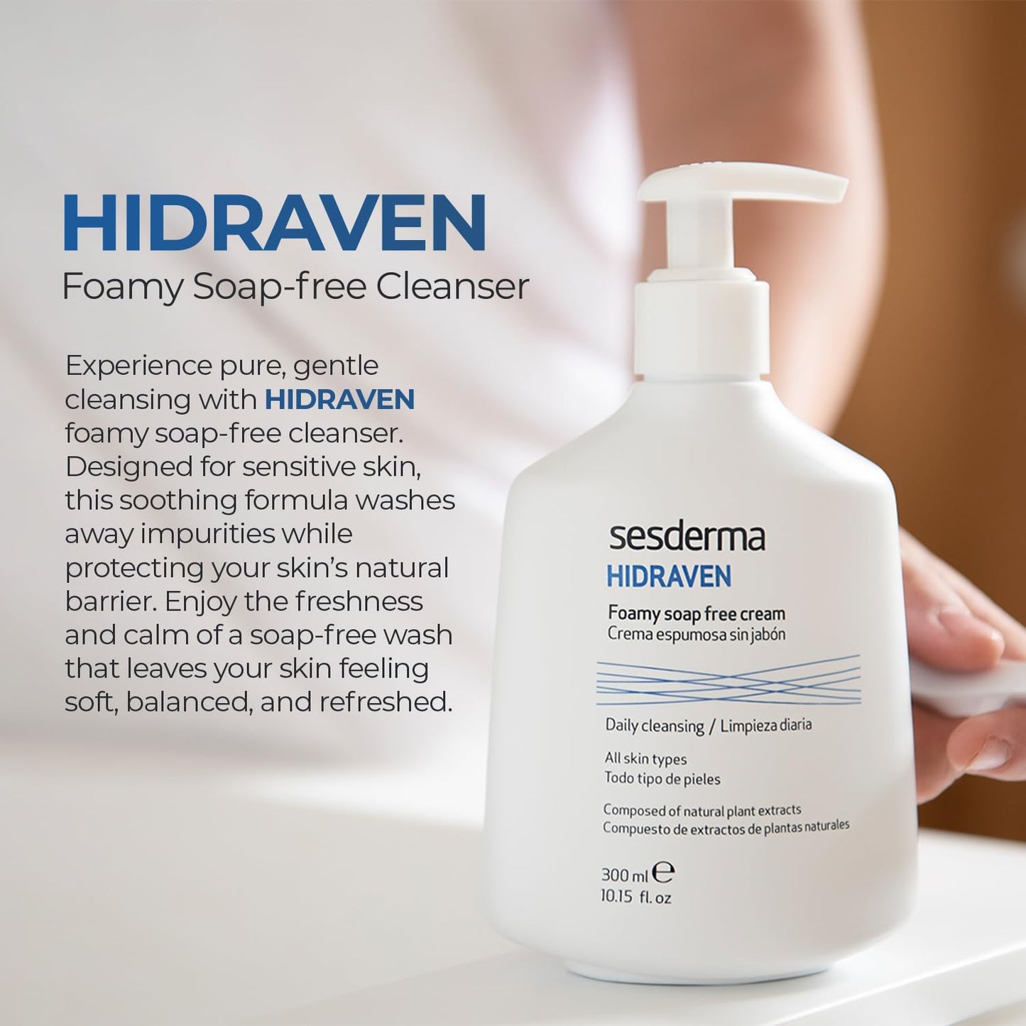 Sesderma HIDRAVEN Foamy Soap-Free Cream, Gentle Cleanser for Delicate Skin with Natural Plant Extracts, 10.14 fl oz