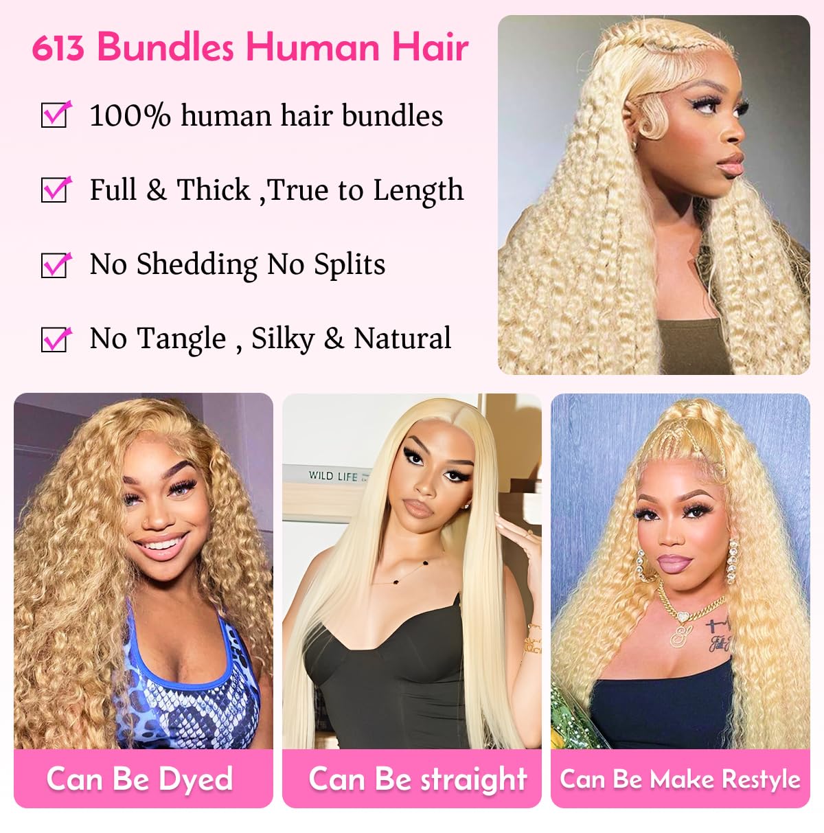 613 Bundles Human Hair 16 Inch Blonde Deep Wave Bundles Human Hair 1 Bundle 14A Grade 100% Unprocessed Brazilian Virgin Raw Hair Weave Extensions for women 100g