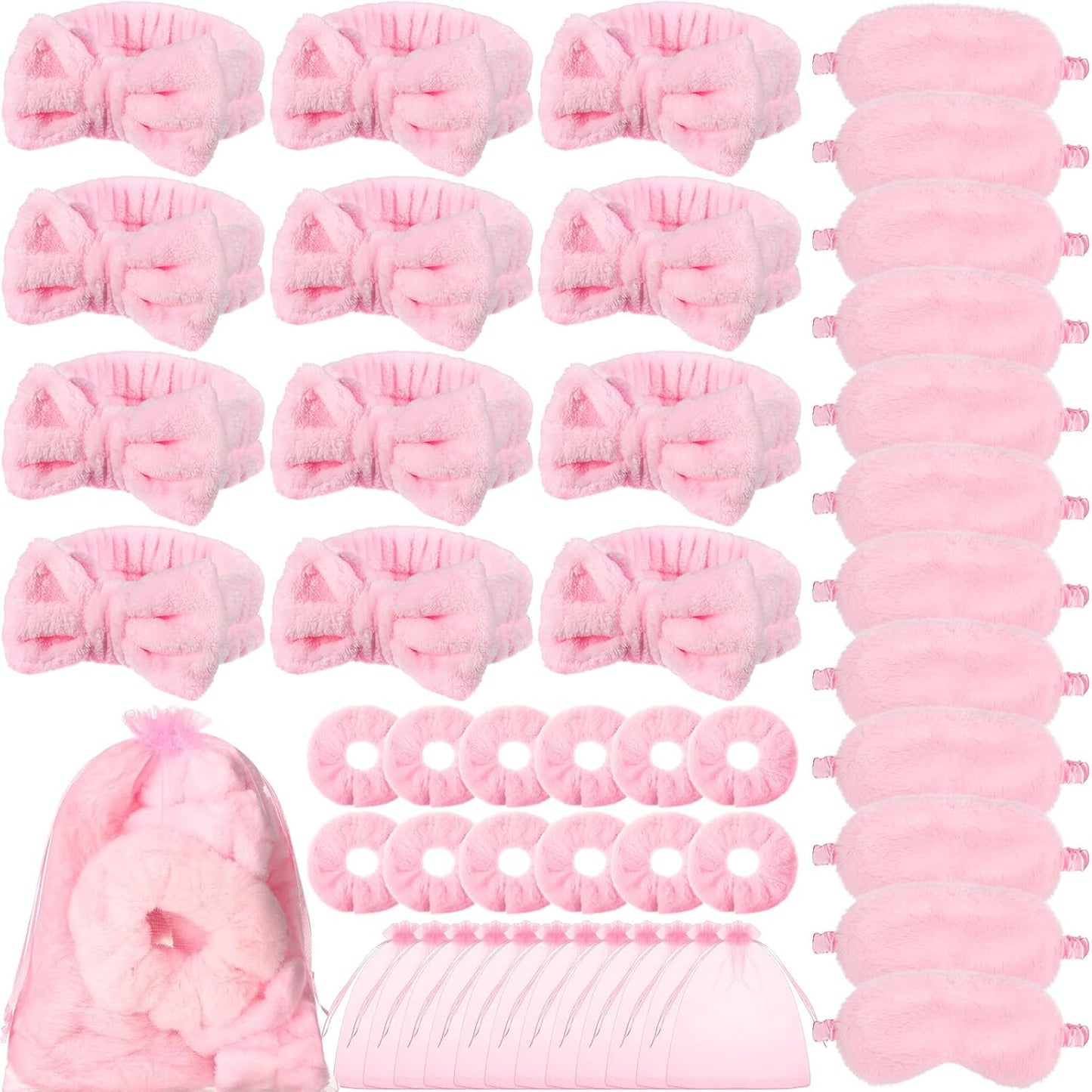 Mimorou Spa Party Supplies - 48-Piece Set with Headbands, Plush Eye Masks & Velvet Scrunchies | Pink