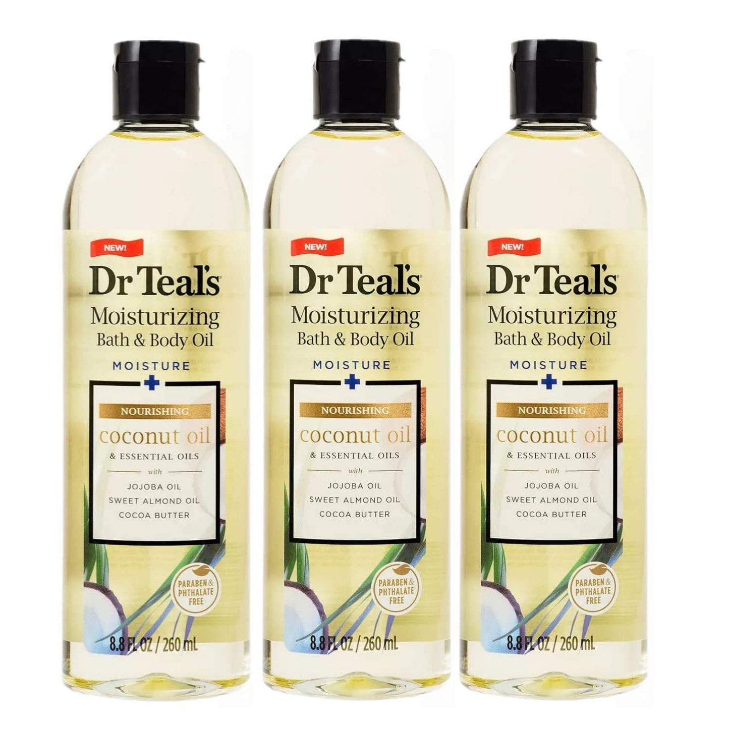 Dr Teal's Bath & Body Oil 3-Pack (26.4 fl oz Total) Moisturizing Coconut Oil & Essential Oils - Skin Soothing Bath and Body Oil - Use in Bath or On Skin