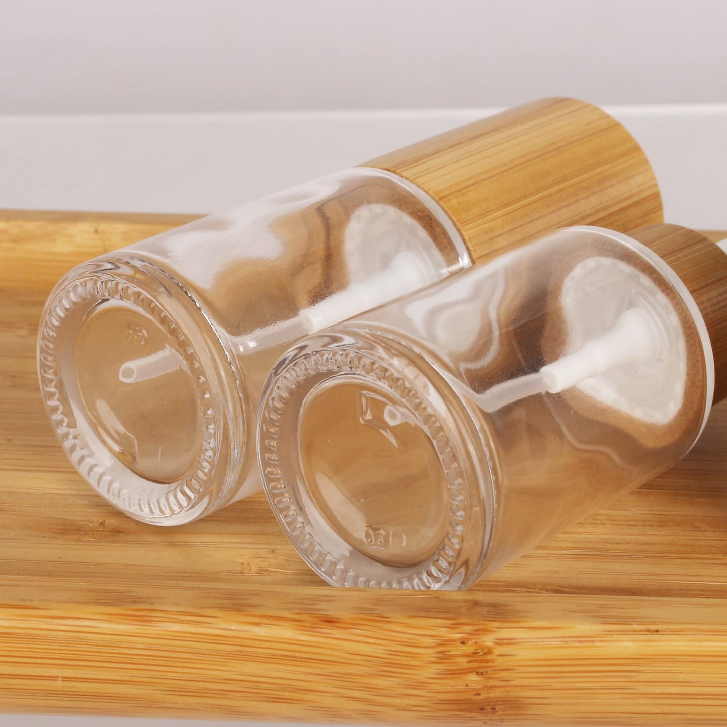 COSIDEA 6 pcs Empty 2oz /60ml bamboo lid clear glass spray bottle with fine mist despenser head for liquid perfume toiletries containers, toner bottles