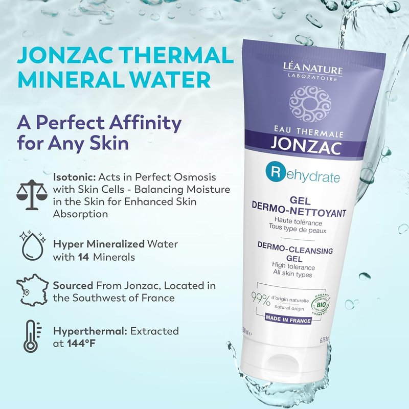 JONZAC Eau Thermale Rehydrate Organic Dermo Cleansing Gel - Gentle Daily Facial Cleanser - Sensitive Skin Approved - Leaves Skin Feeling Smooth & Hydrated - 6.75 Fl Oz