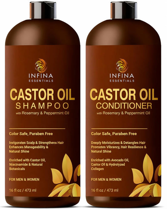 Castor Oil Shampoo and Conditioner Set for Hair Growth with Rosemary & Peppermint Oil - Cleanse Hair, Strengthen & Shine with Castor Shampoo and Conditioner - Anti-Hair Loss for Men & Women - 16 fl oz