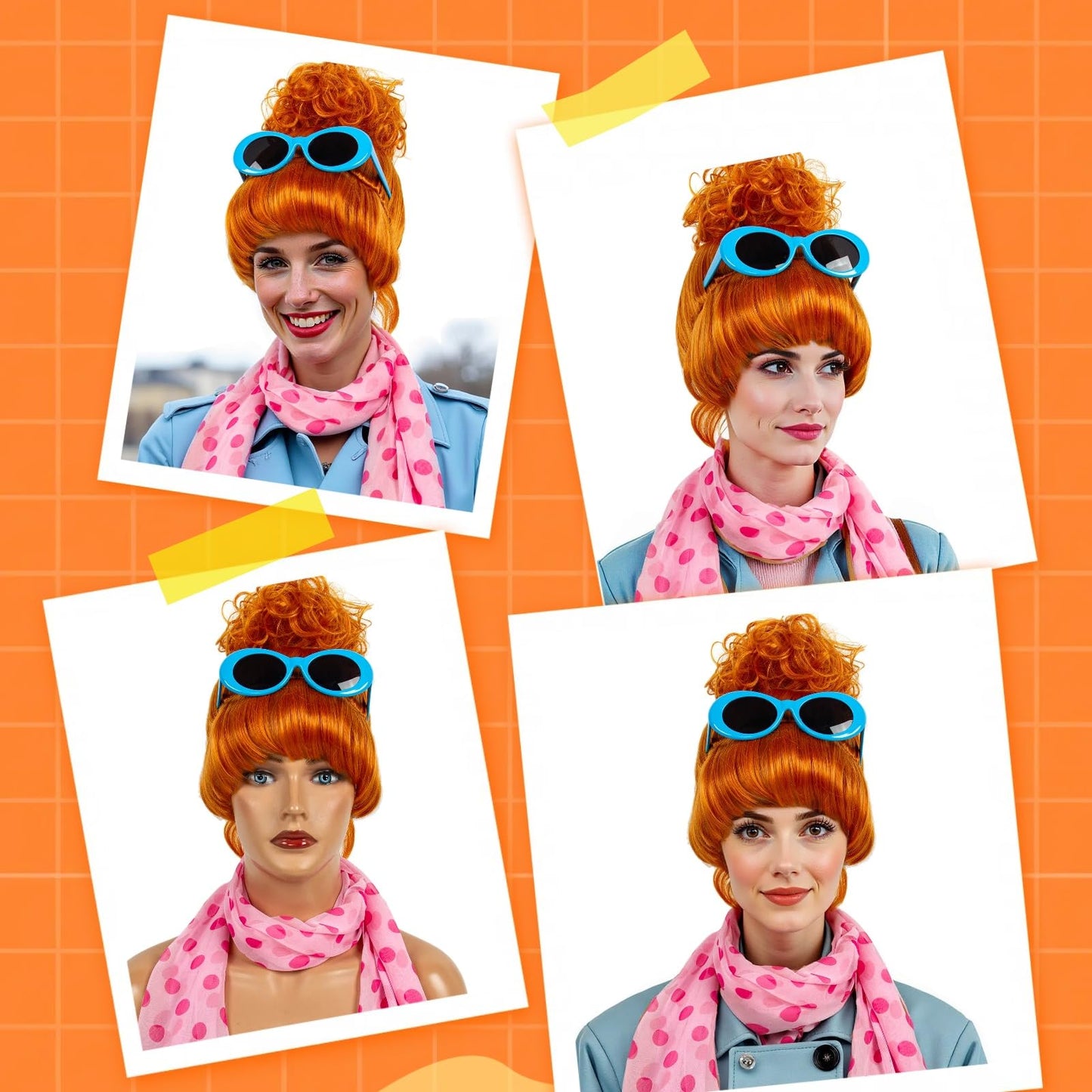 STfantasy Orange Bun Wig with Scarf and Glasses – Stylish & Durable Synthetic Orange Wig for Women, Perfect for Halloween, Cosplay, and Party Accessories
