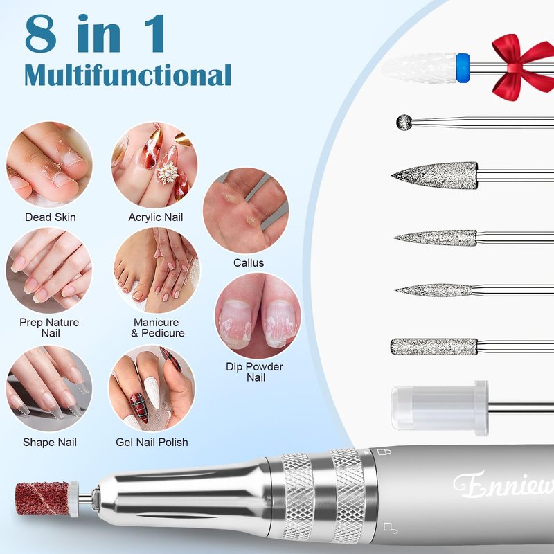Enniewi Nail Drill Professional 35000RPM, Cordless Electric Nail File Drills para Uñas, Portable Rechargeable E File 7 Bits Manicure Pedicure Kit for Acrylic Nails Gel Remover Salon Home Tools, White