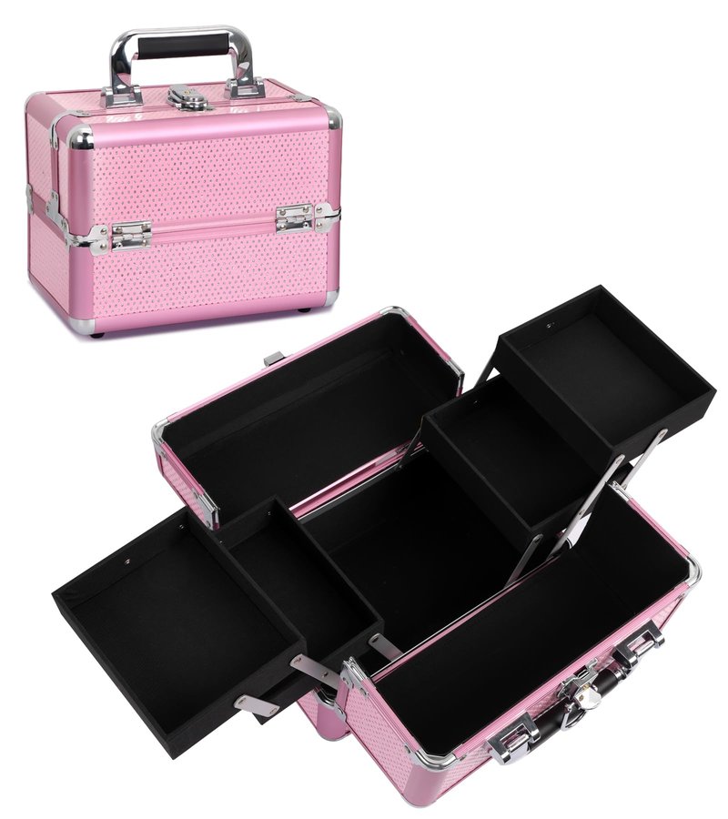 HAISKY Large Makeup Train Case Cosmetic Organizer Case Makeup Box Portable Make Up Artist Travel Case with 6 Trays Dividers Lockable Hard Train Case Nail Tech Supply Storage - Crystal Pink
