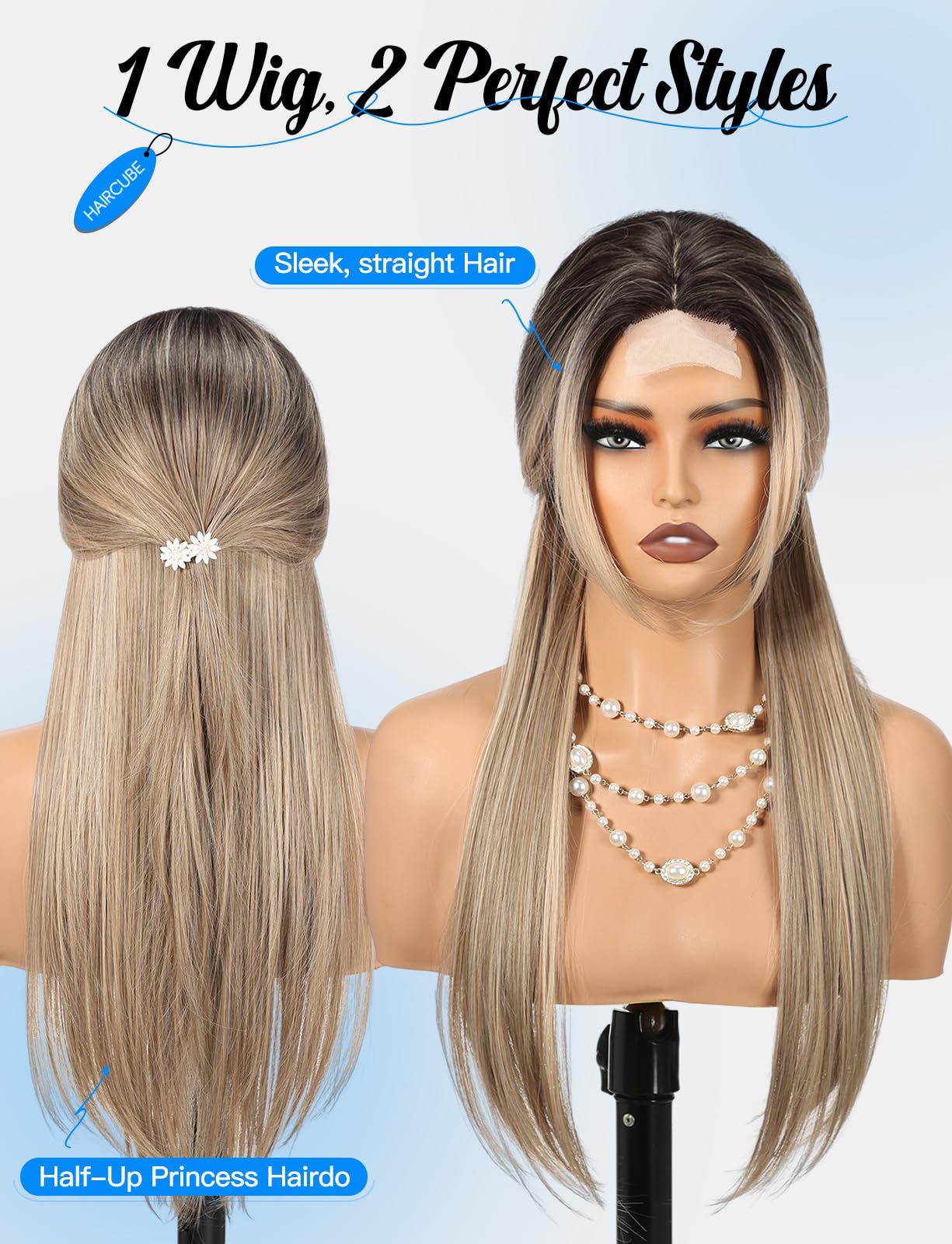 HAIRCUBE Long Straight Wig for Women, Heat Resistant Synthetic Hair with Bangs, Natural Looking Pre-Cut Lace Front Wig, Soft & Lightweight for Daily Use, Cosplay, Parties (Blonde)