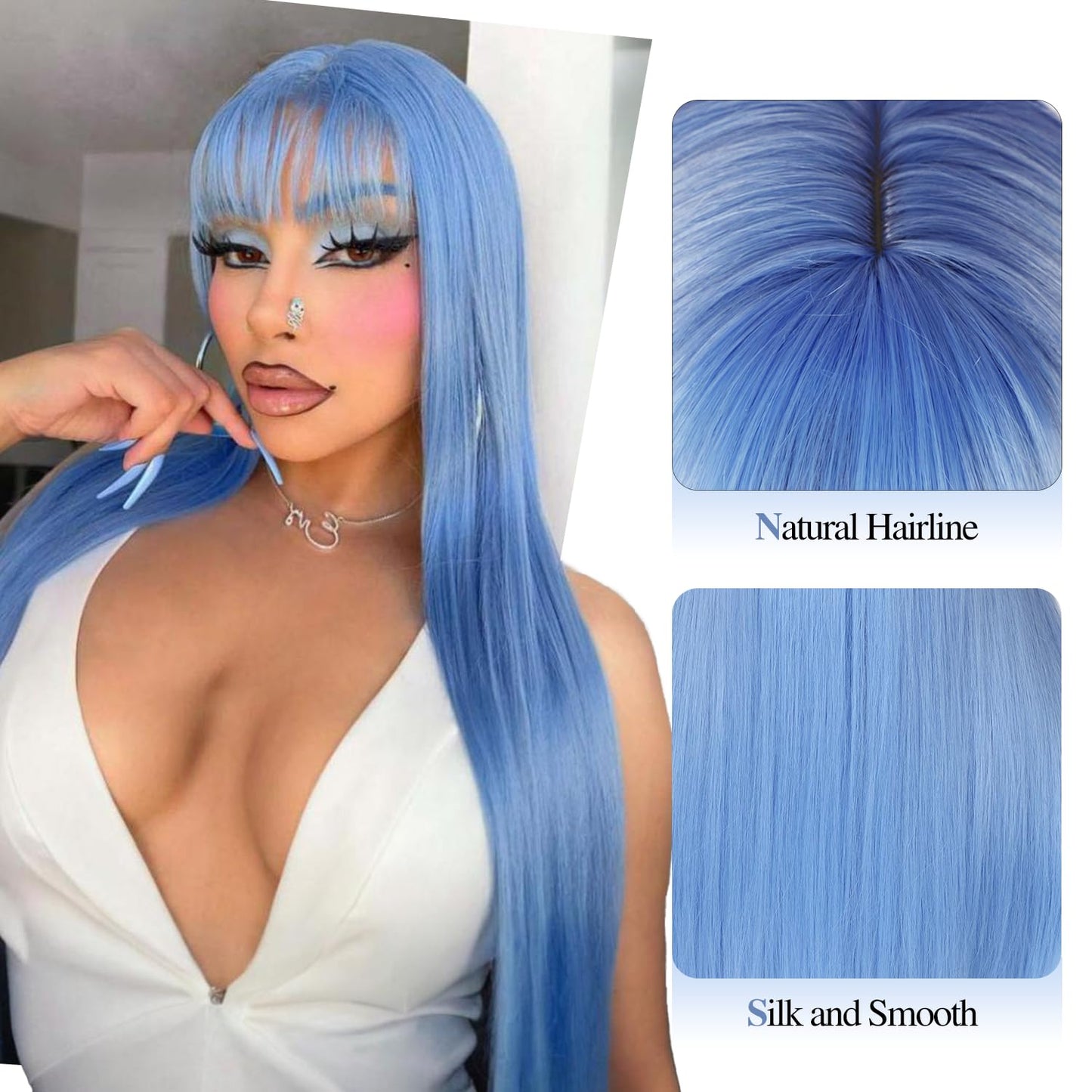 Lady Hanne Long Straight Wig With Bangs Light Blue Silky Straight Hair Wigs for Women 28 Inch Synthetic Heat Resistant Fiber Wig for Cosplay Daily Party Use