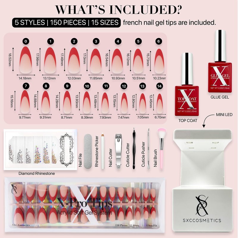 French Tip Press On Nails - Red Series Medium Almond Fake Nails | 150PCS, 15 Sizes, 5 Styles, Beginner-Friendly