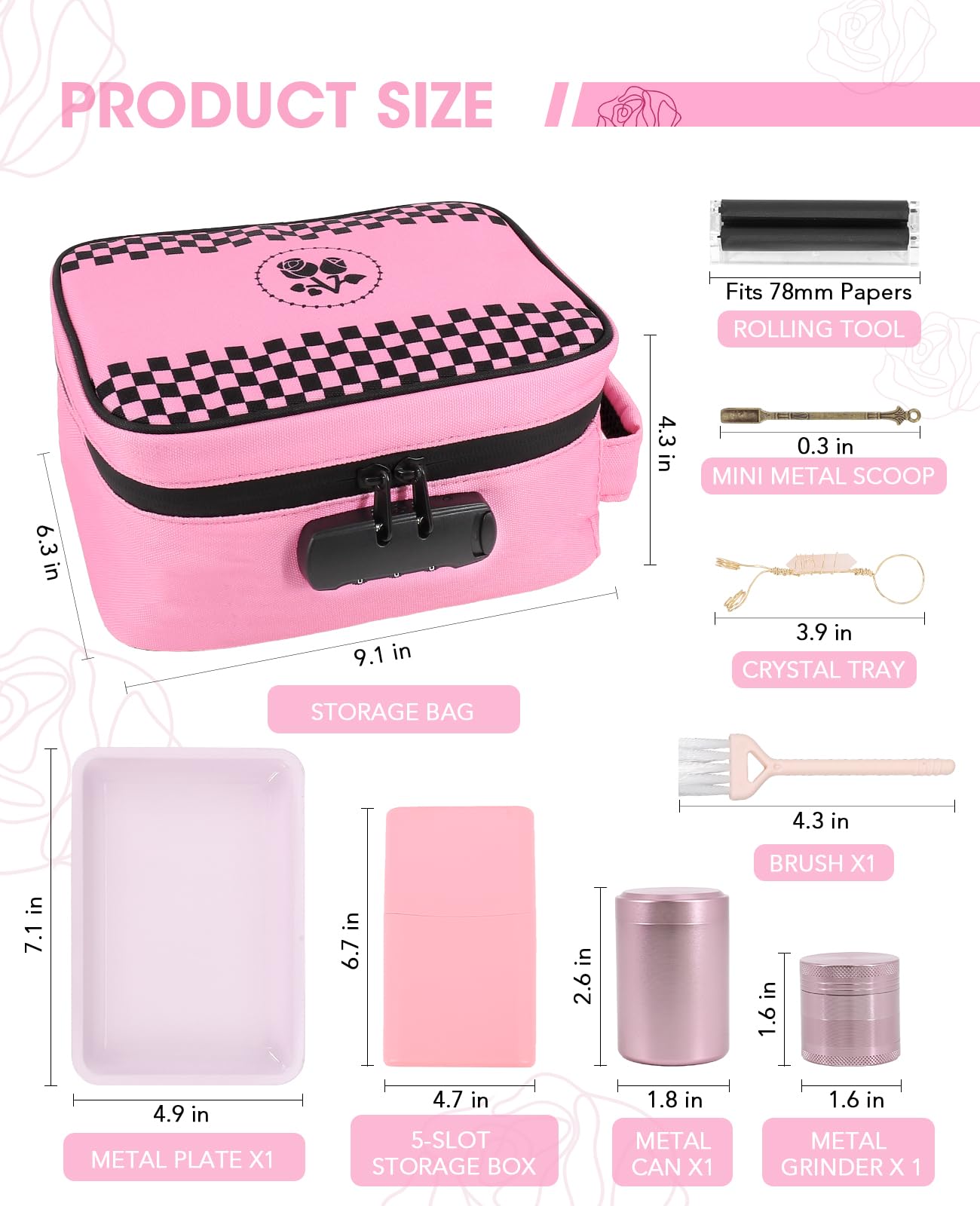ANZOME Large Smell Proof Bag with Lock, Pink Lockable Storage Case, Activated Charcoal Odor Control, Waterproof Zipper Travel Organizer Pouch, Stash Box Alternative with 7 Accessories for Home & Trips
