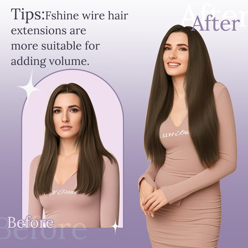 Fshine Invisible Wire Hair Extensions, 10 Inch 56g Medium Brown Color, Layered Hairpiece with Transparent Fish Line, Short Straight Remy Human Hair for Women