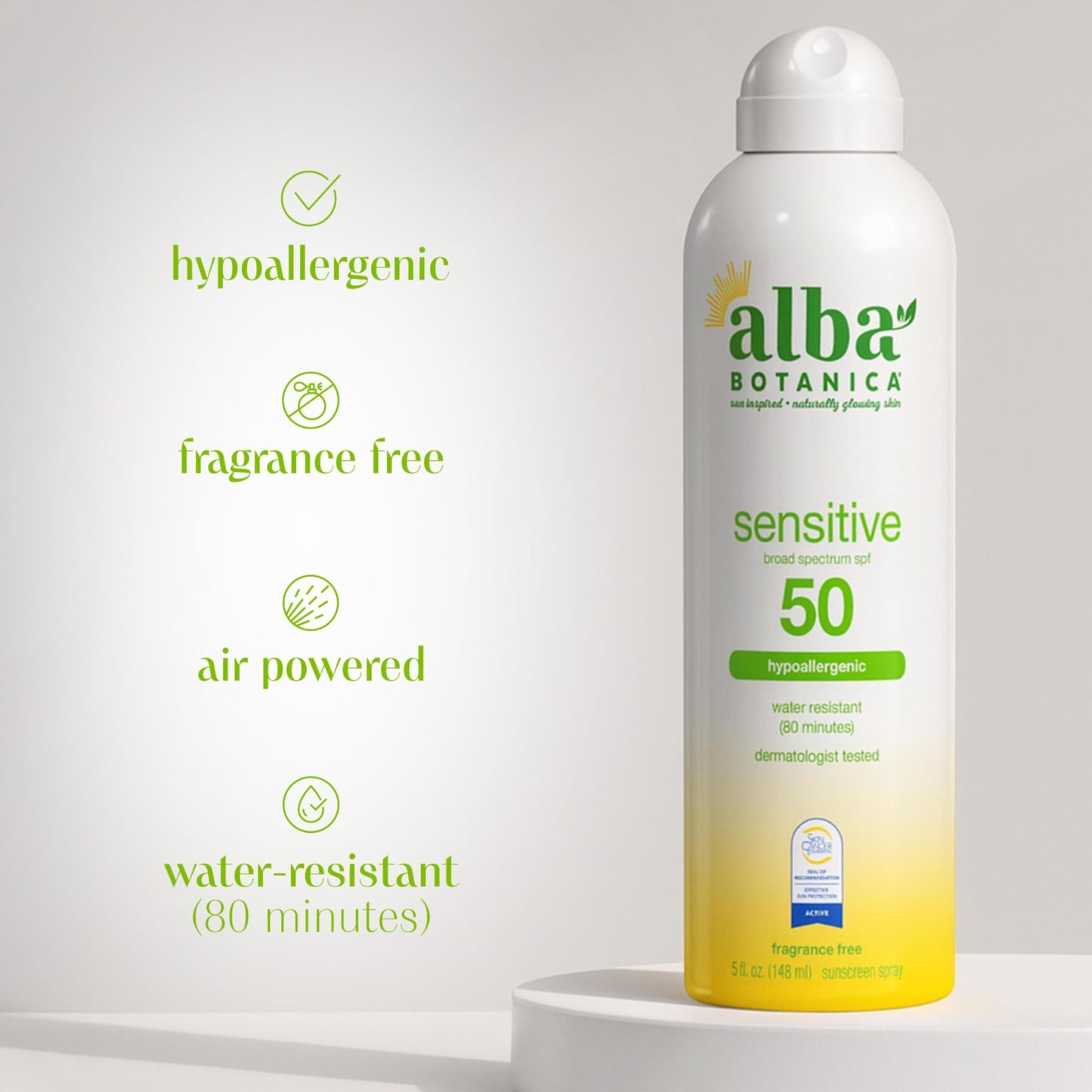 Alba Botanica Sensitive Sunscreen Spray for Face and Body, Fragrance-Free, Broad Spectrum SPF 50, Water Resistant, 5 fl. oz. Bottle