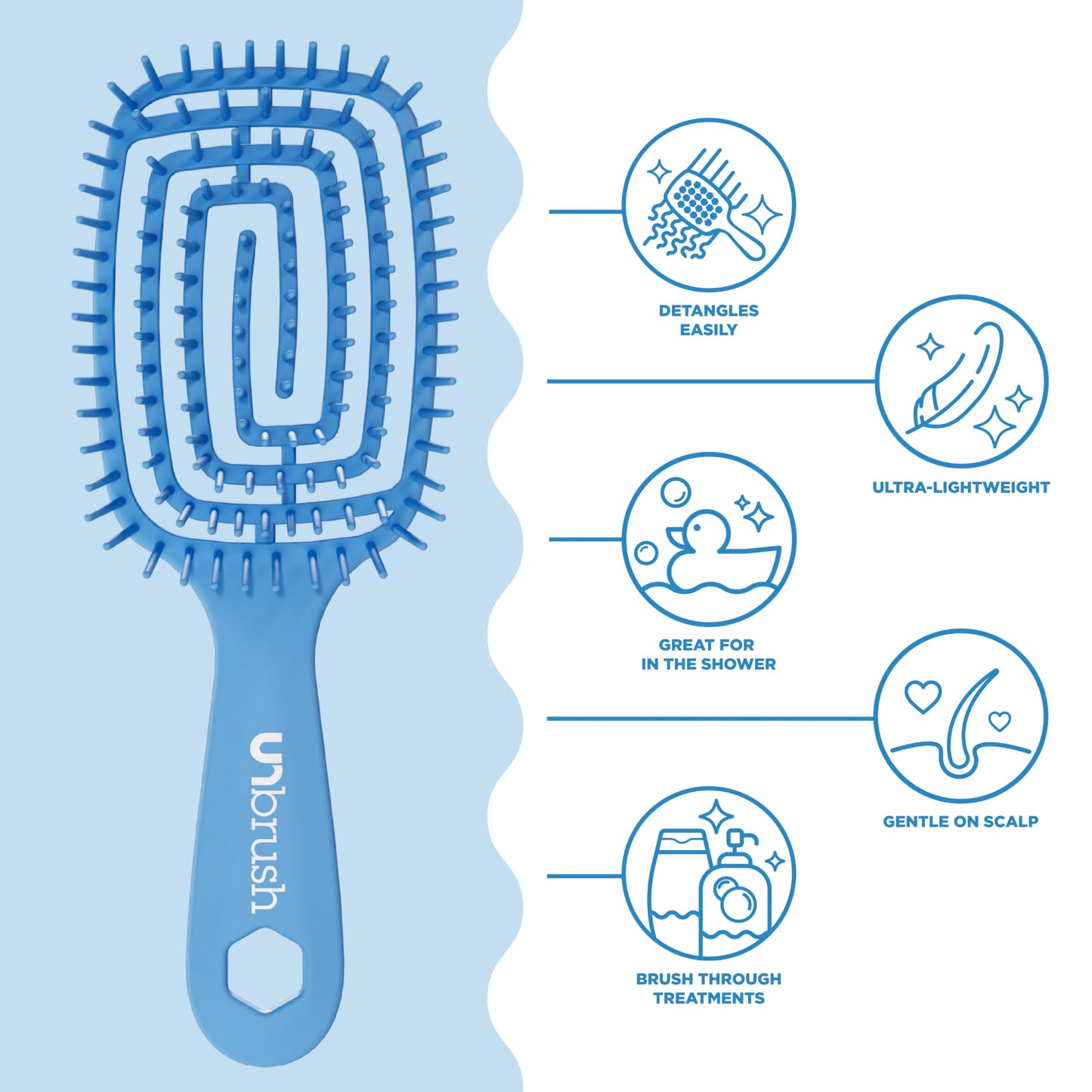 FHI Heat UNbrush Flex Detangling Brush — Ultra-Flexible, Pain-Free Hair Brush Detangler with DuoFlex Anti-Static Bristles for Removing Tangles, Massaging Scalp & Faster Styling - Blue