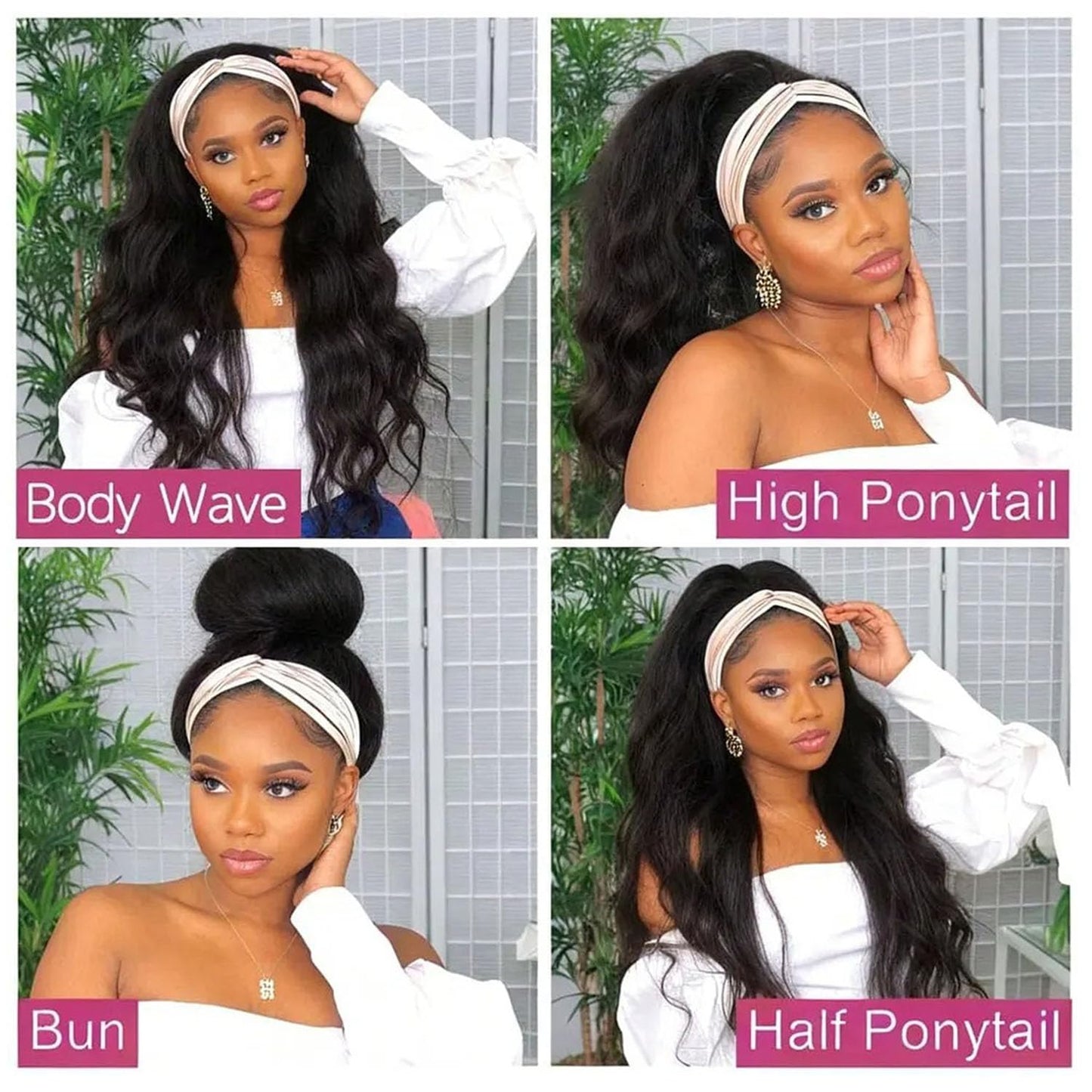 Headband Wig Human Hair Body Wave Headband Wigs None Lace Front Half Wig Glueless Virgin Brazilian Body Wave Machine Made Wigs for Black Women Brazilian Virgin Human Hair 16 Inch Natural Color