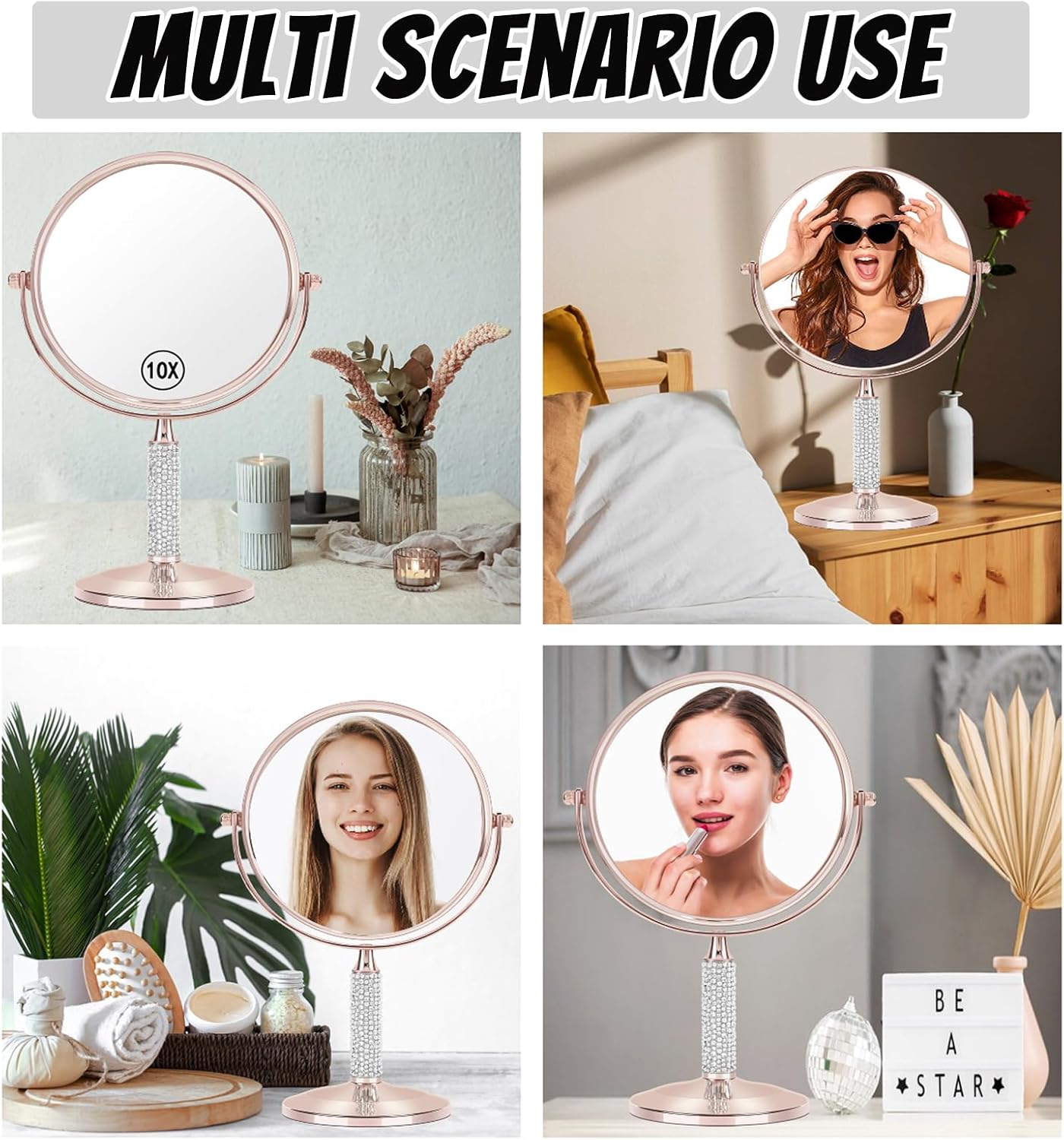 Rose Gold Glitter Makeup Mirror - 360° Rotating Double-Sided 1X/10X HD Vanity Mirror | Portable Gift for Women