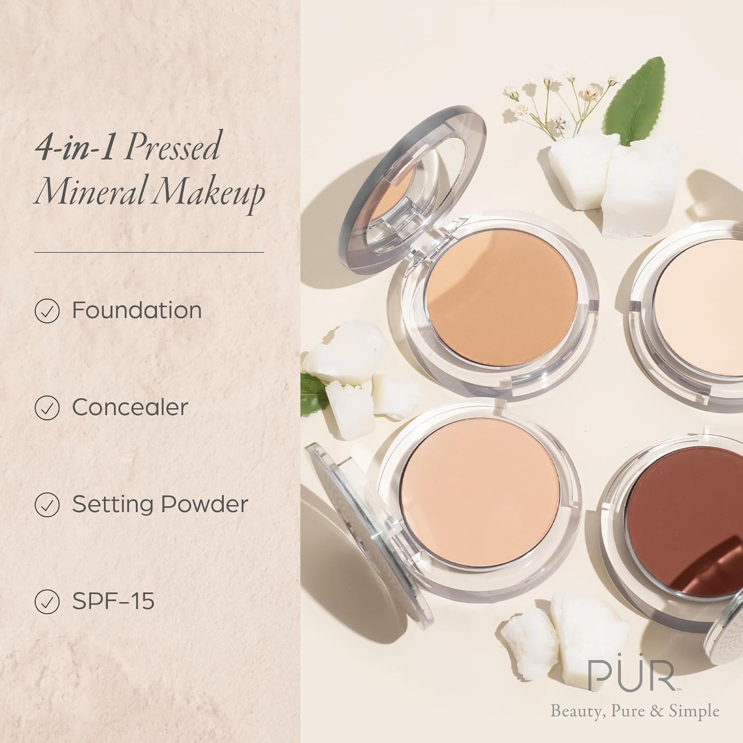 PÜR MINERALS Chisel Makeup Brush & 4-in-1 Pressed Mineral SPF 15 Foundation Bundle | Perfect for Flawless Coverage