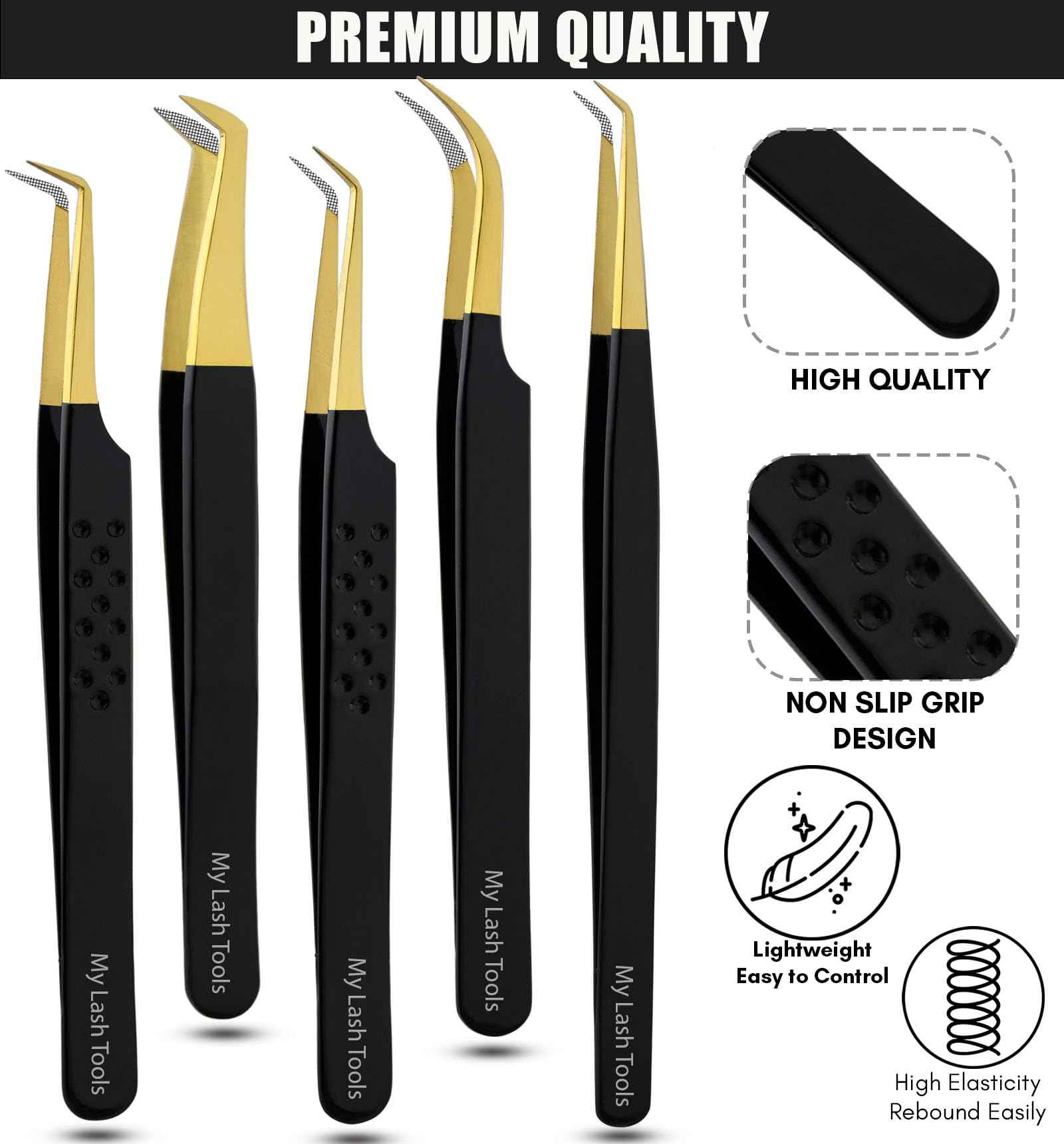 5pcs Fiber Tip Lash Tweezers Set – Curved Classic, Boot Volume, 90° & 45° Angle, Isolation Tweezer for Eyelash Extensions, Precision Stainless Steel, Professional Non-Slip Application Kit